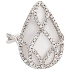 Vintage Rock Crystal Diamond Ring Estate 14 Karat White Gold Pear Teardrop Shape Jewelry