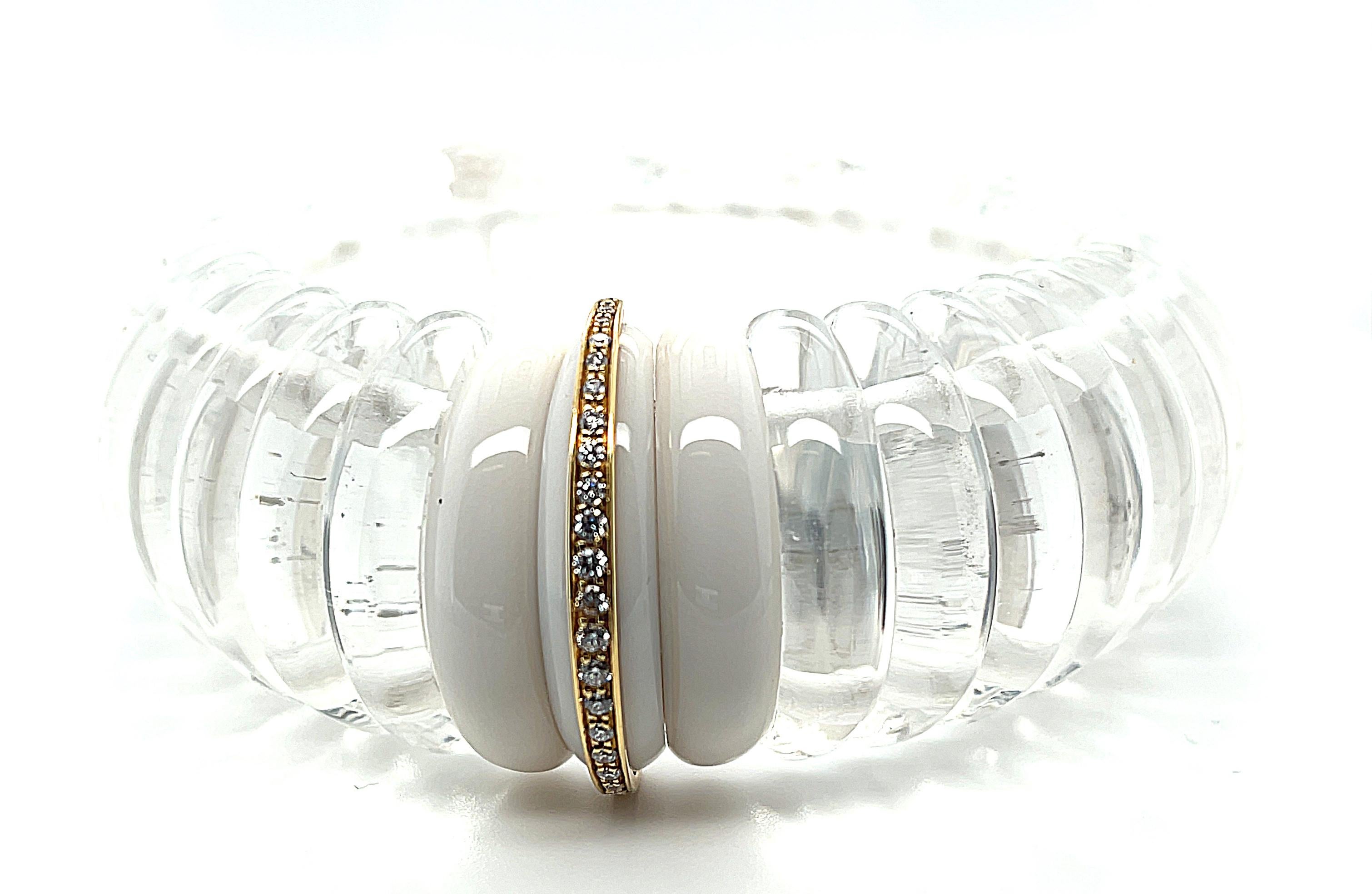 Artisan Rock Crystal, Diamond, Yellow Gold Scalloped Design Italian Cuff Bangle Bracelet For Sale