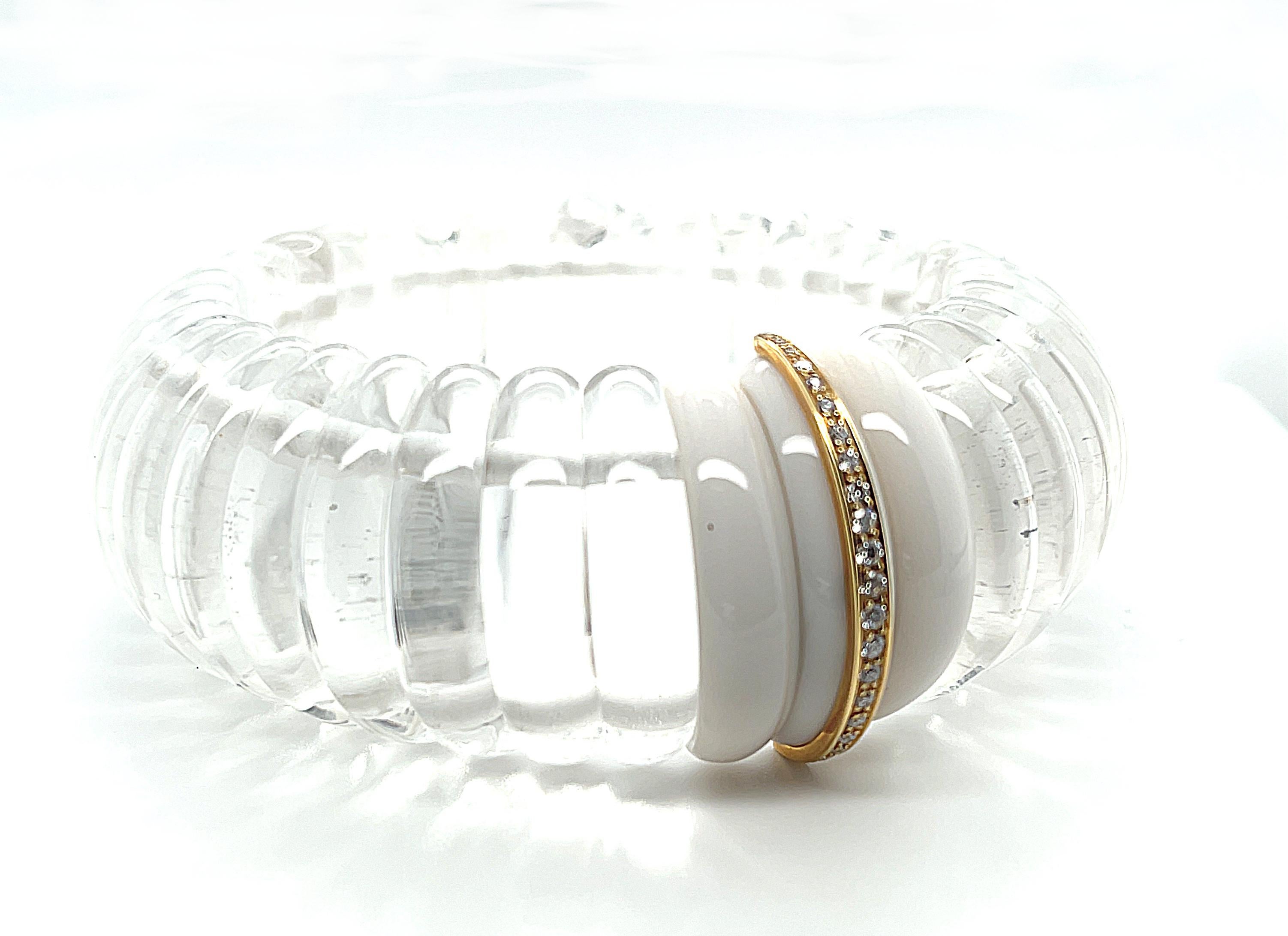 Mixed Cut Rock Crystal, Diamond, Yellow Gold Scalloped Design Italian Cuff Bangle Bracelet For Sale