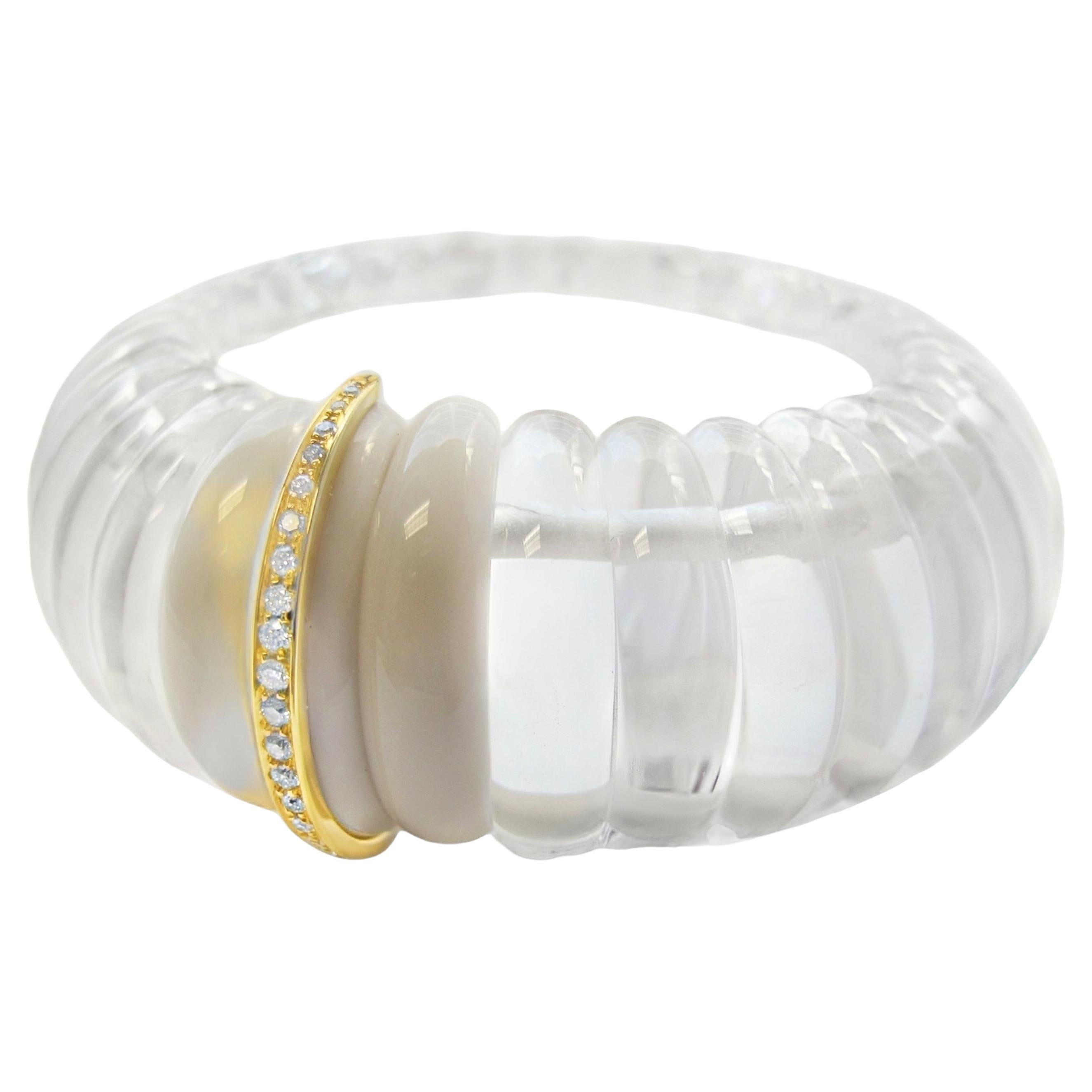 Rock Crystal, Diamond, Yellow Gold Scalloped Design Italian Cuff Bangle Bracelet