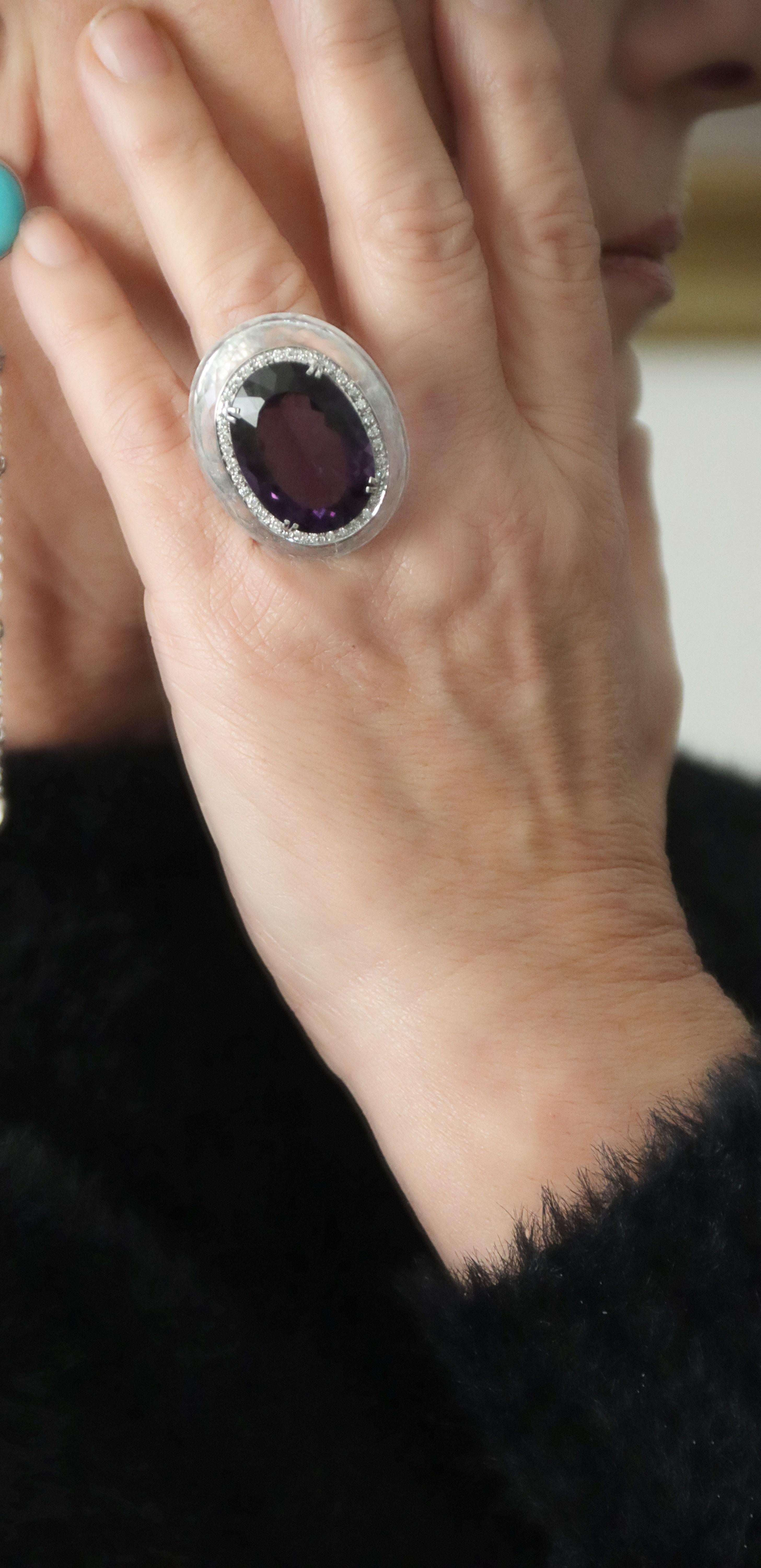 Artisan Rock Crystal Diamonds Amethyst 18 Karat White Gold Cocktail Ring For Sale