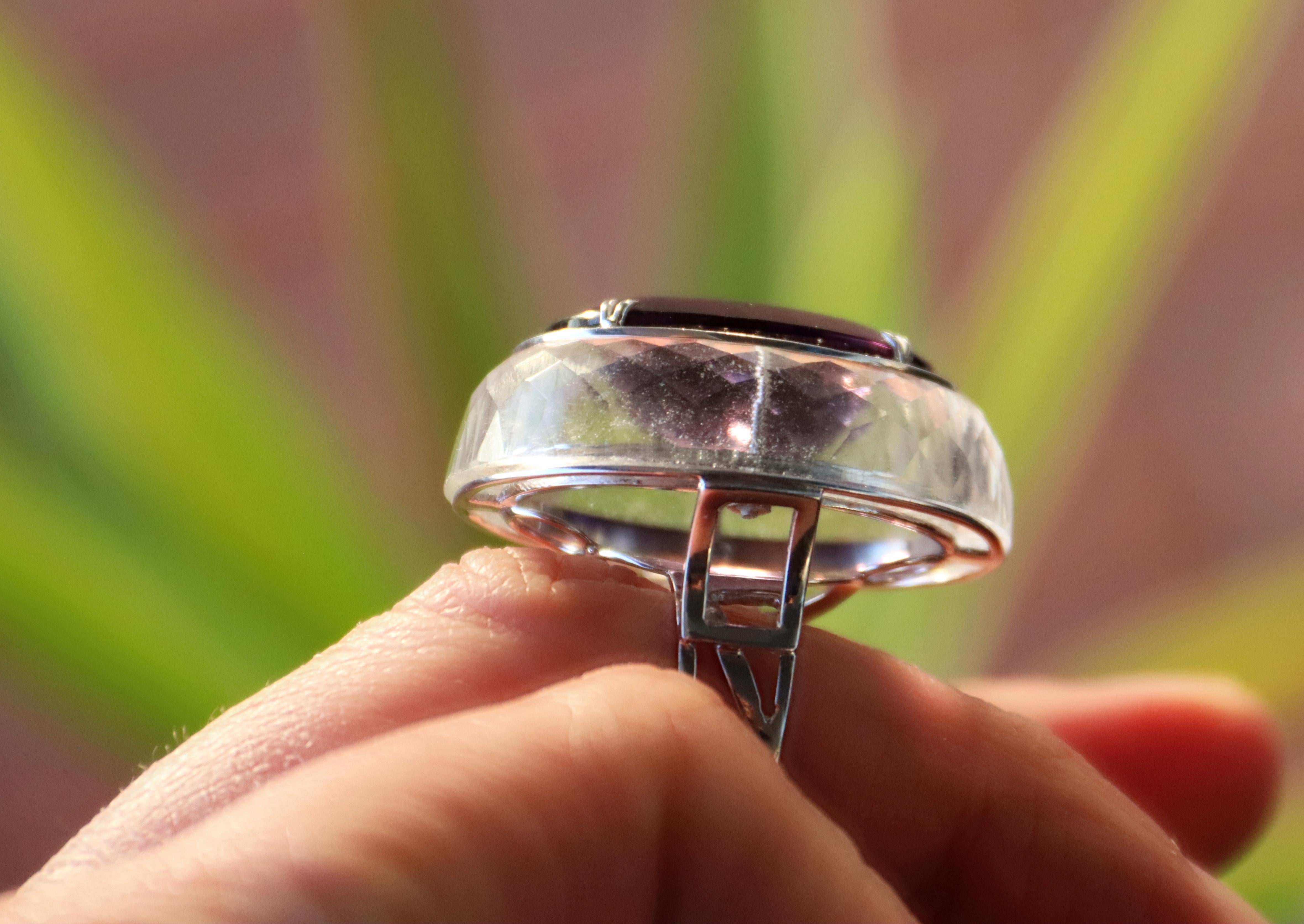 Rock Crystal Diamonds Amethyst 18 Karat White Gold Cocktail Ring For Sale 1