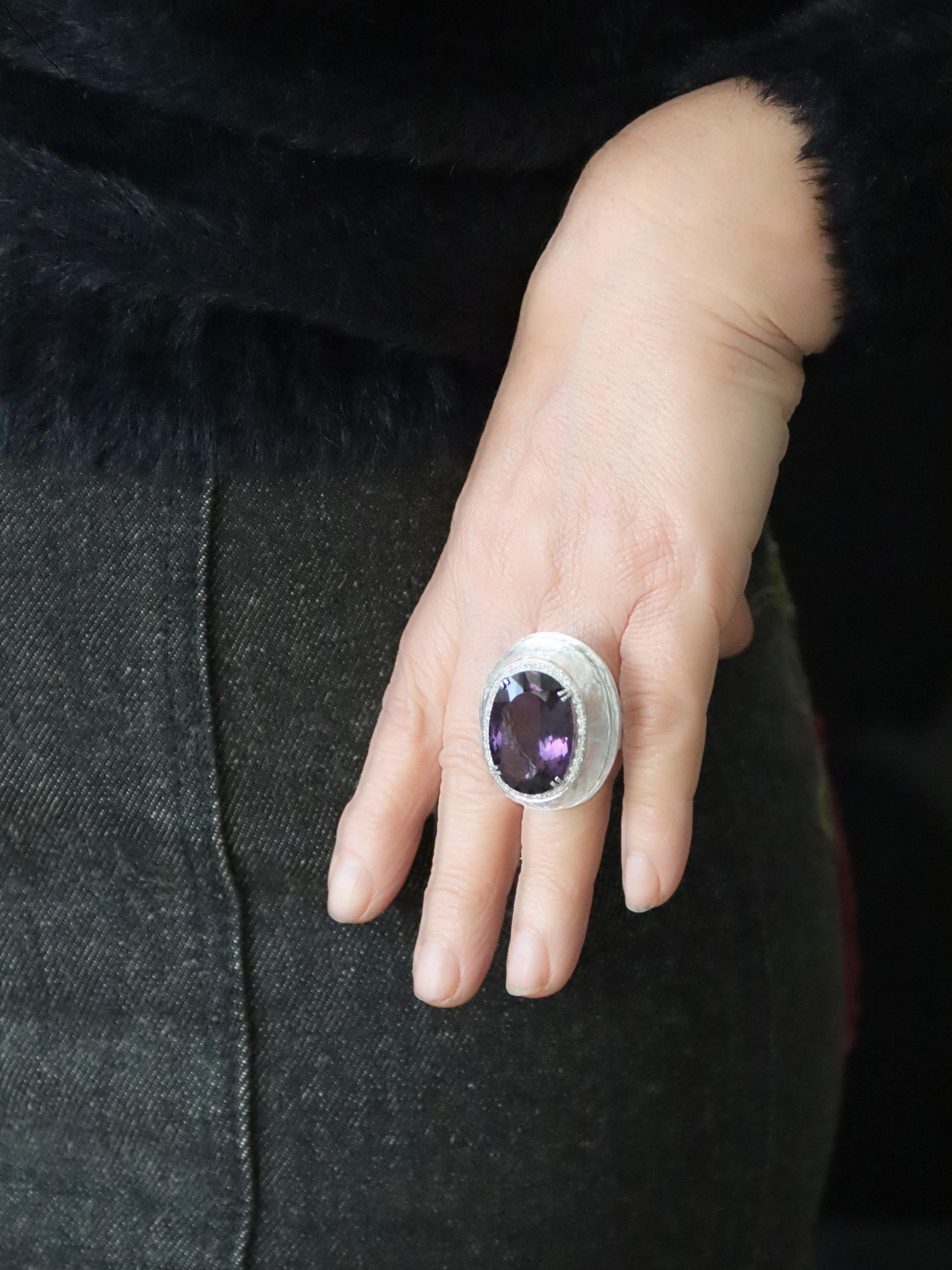 Brilliant Cut Rock Crystal Diamonds Amethyst 18 Karat White Gold Cocktail Ring For Sale