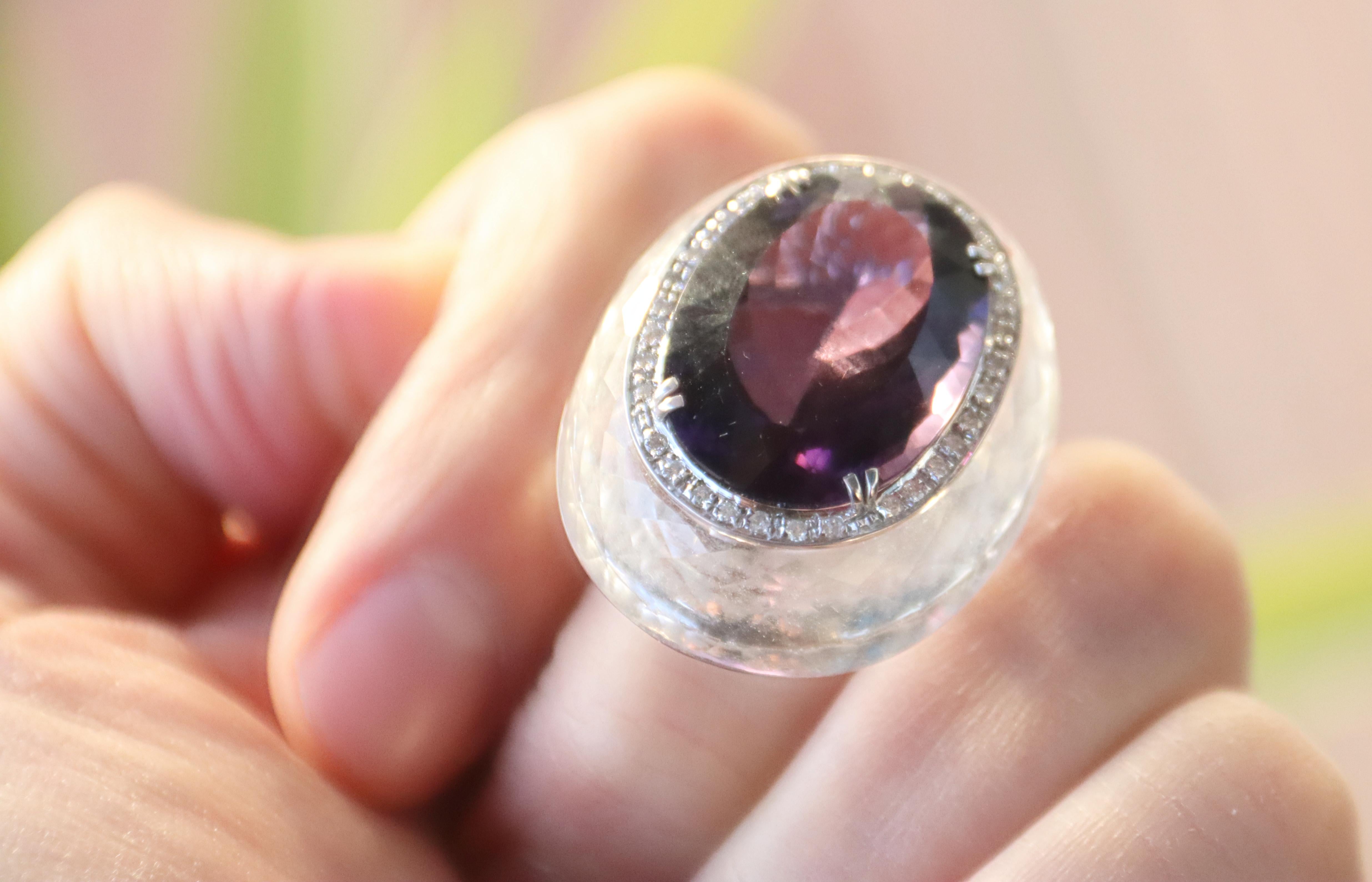 Rock Crystal Diamonds Amethyst 18 Karat White Gold Cocktail Ring For Sale 2