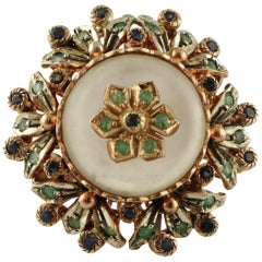 Rock Crystal, Diamonds, Emeralds, Blue Sapphires, 9 Karat Gold and Silver Ring