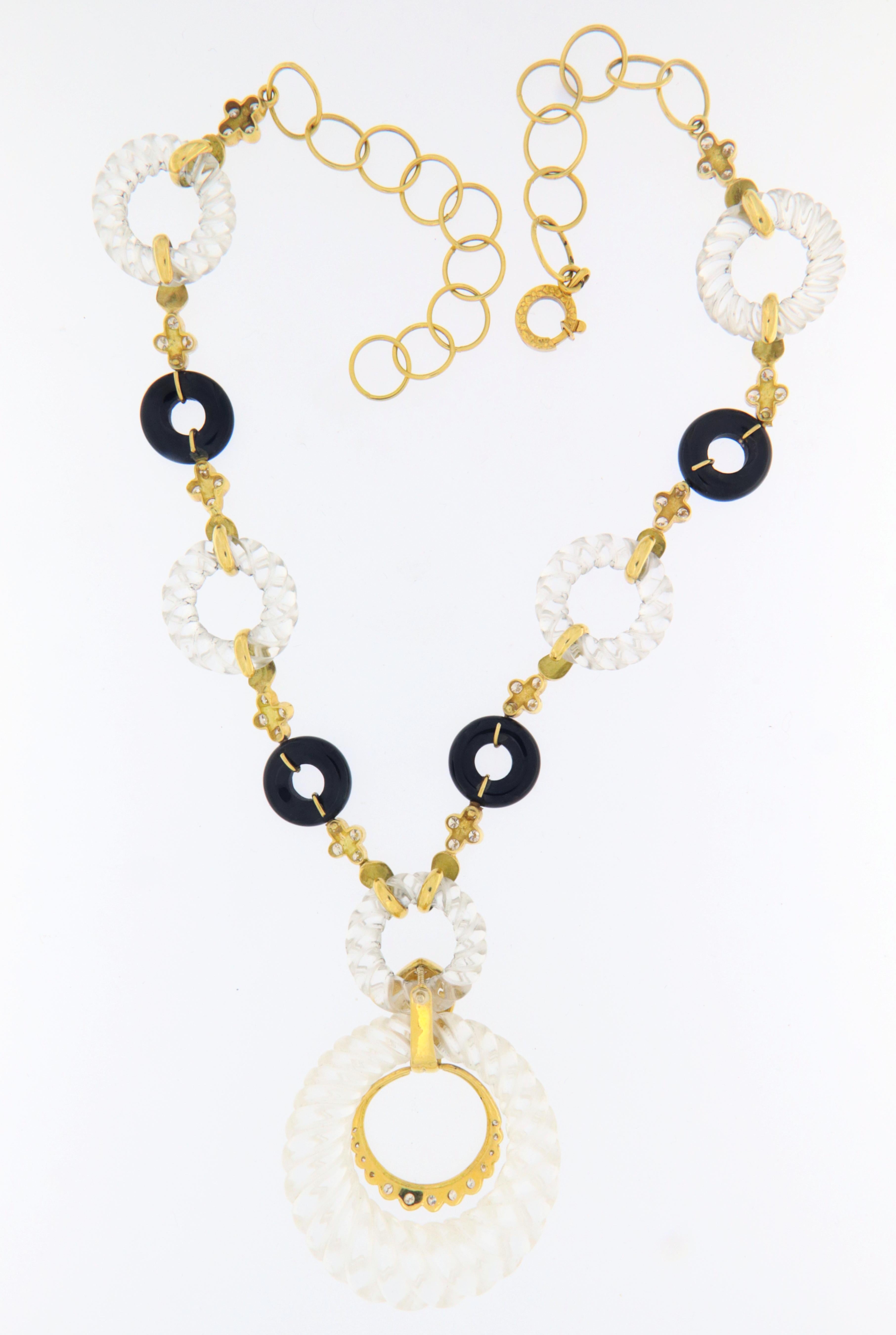 Brilliant Cut Rock Crystal Diamonds Onyx 18 Karat Yellow Gold Choker Necklace For Sale