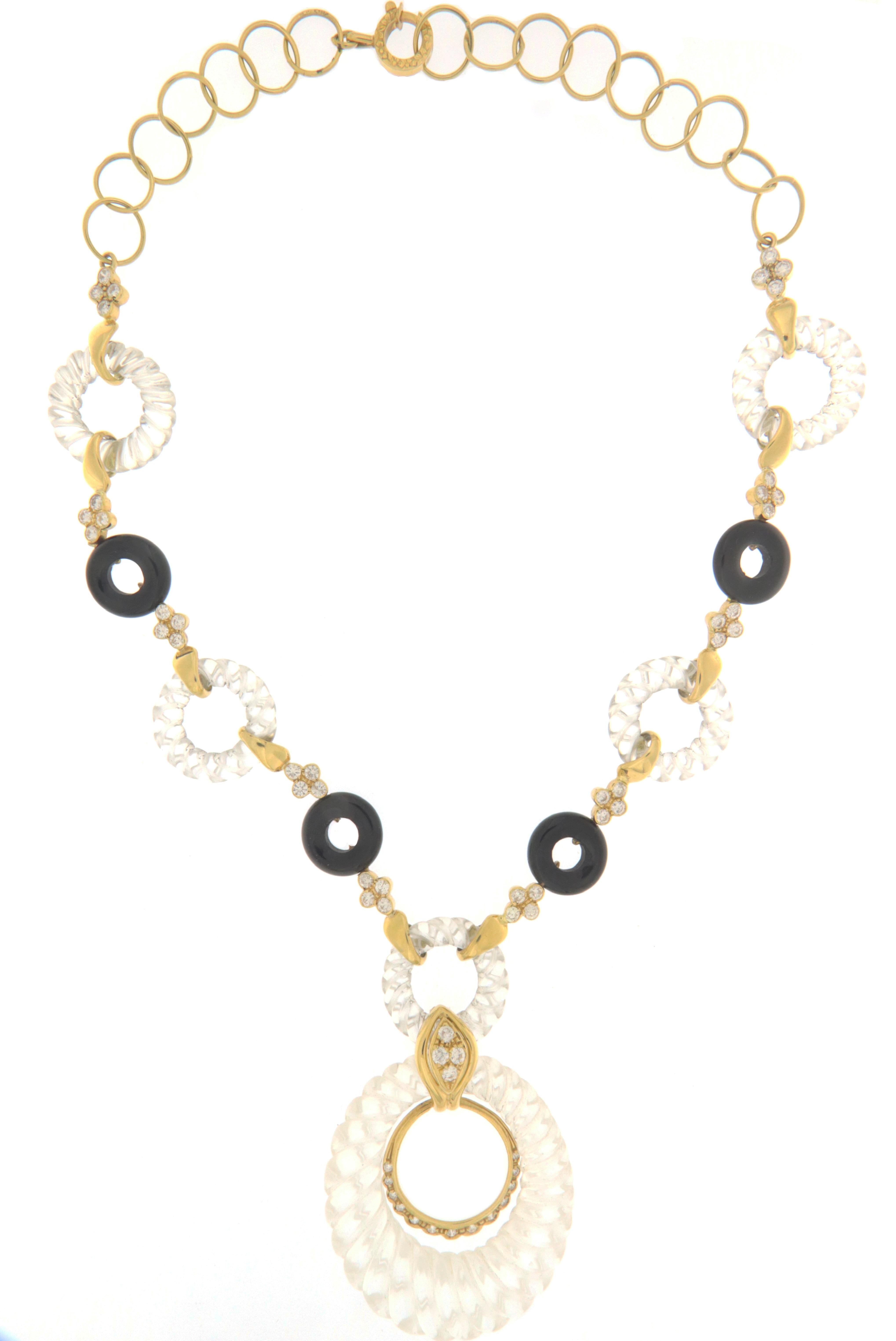Bergkristall-Diamant-Onyx-Halskette aus 18 Karat Gelbgold Damen im Angebot
