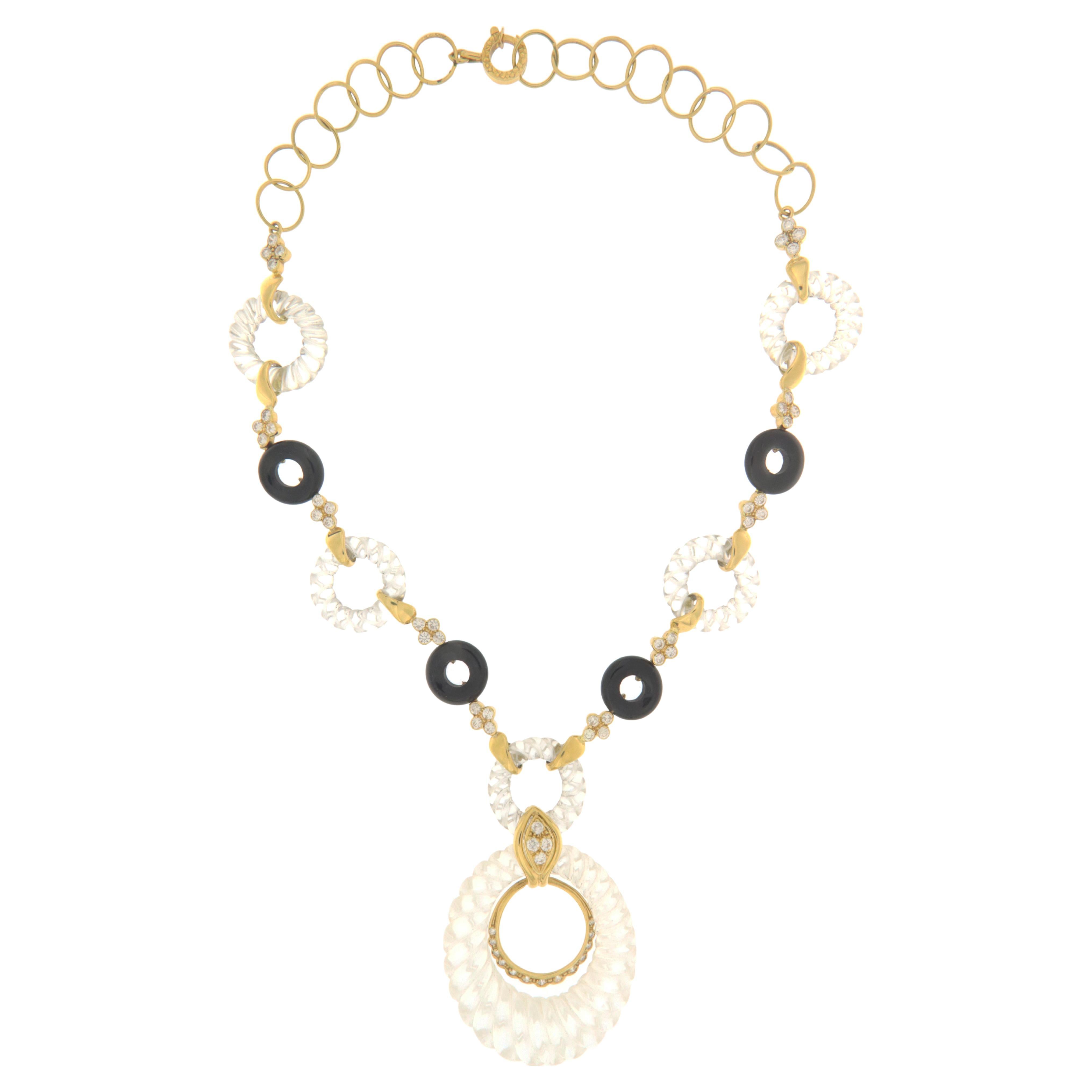 Collier ras du cou en or jaune 18 carats avec diamants et onyx en cristal de roche