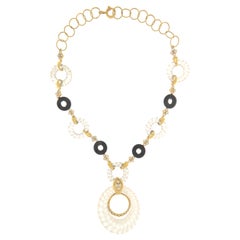 Bergkristall-Diamant-Onyx-Halskette aus 18 Karat Gelbgold
