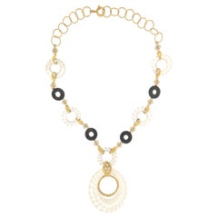 Collar Gargantilla Cristal de Roca Diamantes Ónix Oro Amarillo 18 Kilates