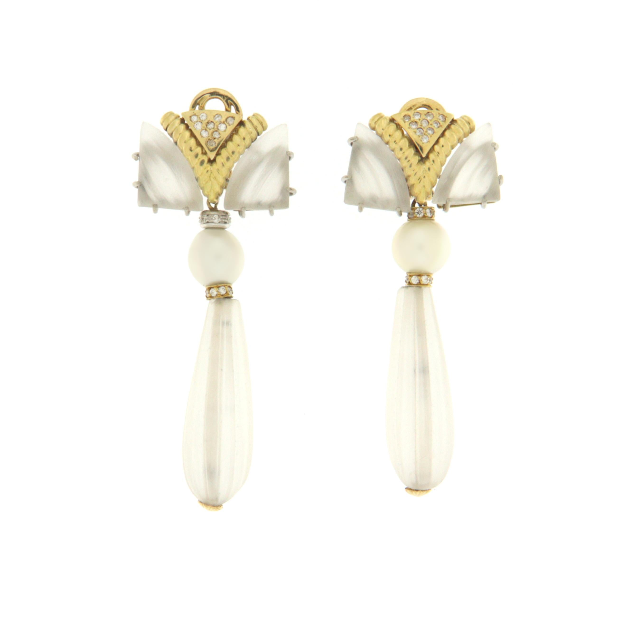 Artisan Rock Crystal Diamonds Pearls 18 Karat Yellow and White Gold Stud Earrings For Sale