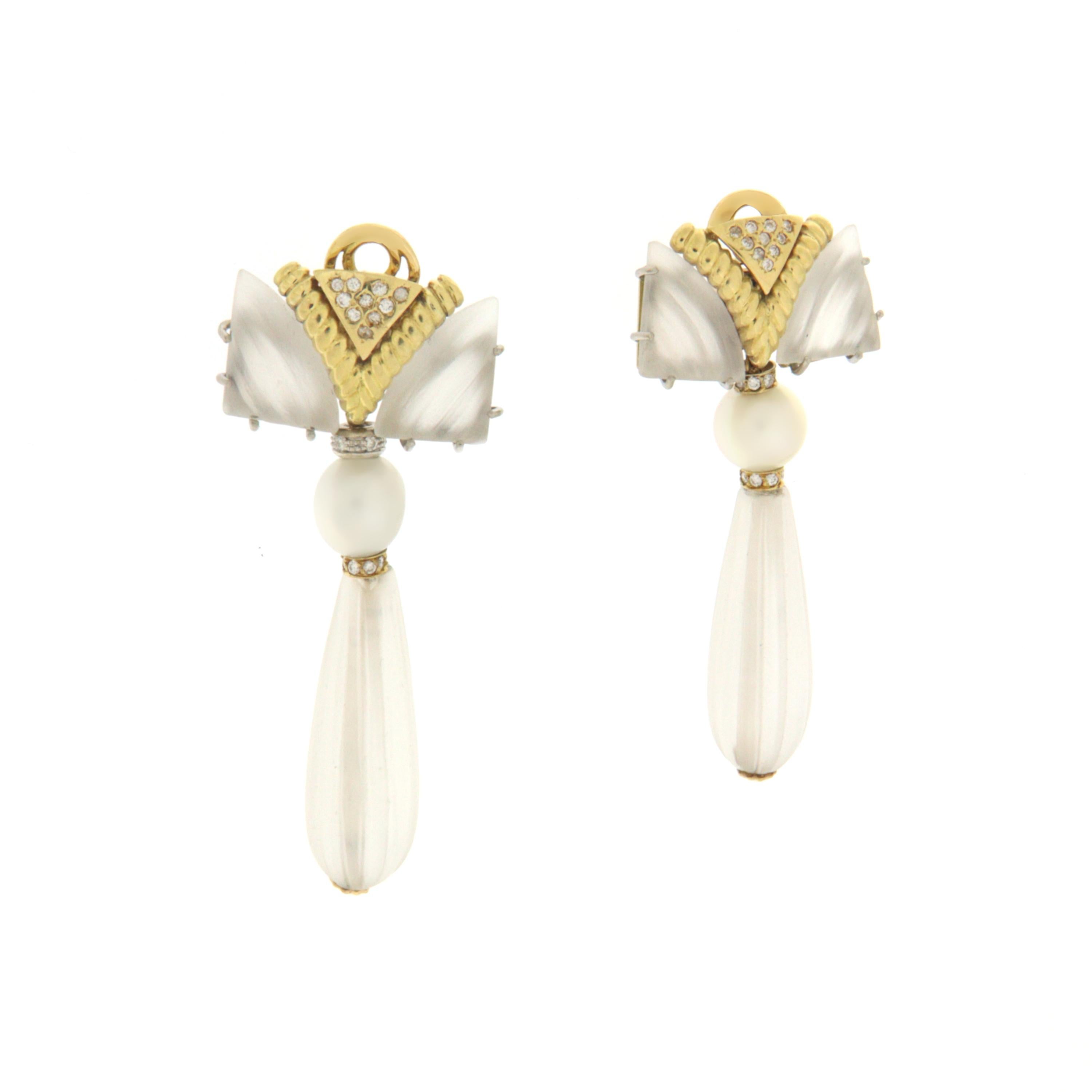 Brilliant Cut Rock Crystal Diamonds Pearls 18 Karat Yellow and White Gold Stud Earrings For Sale