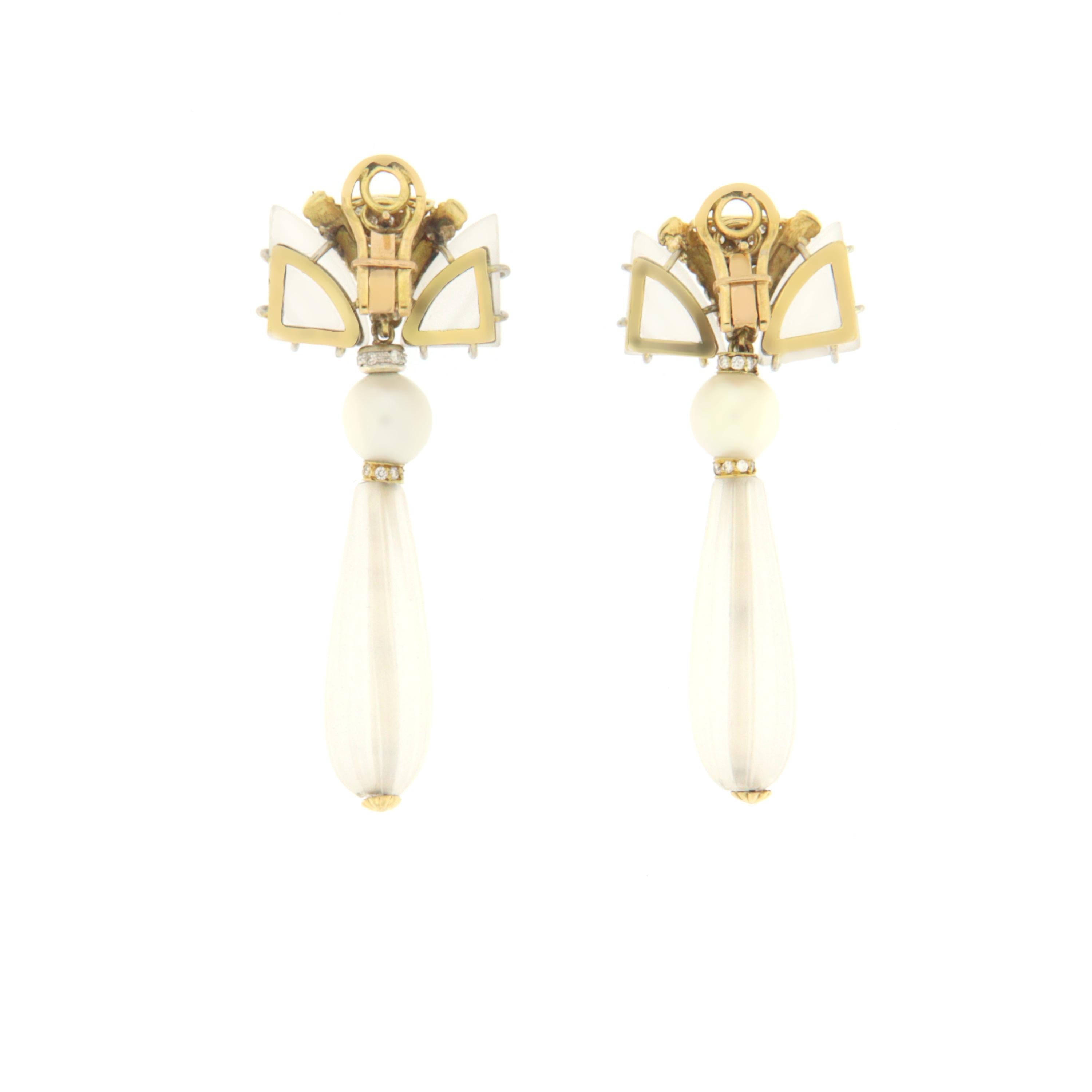 Rock Crystal Diamonds Pearls 18 Karat Yellow and White Gold Stud Earrings In New Condition For Sale In Marcianise, IT