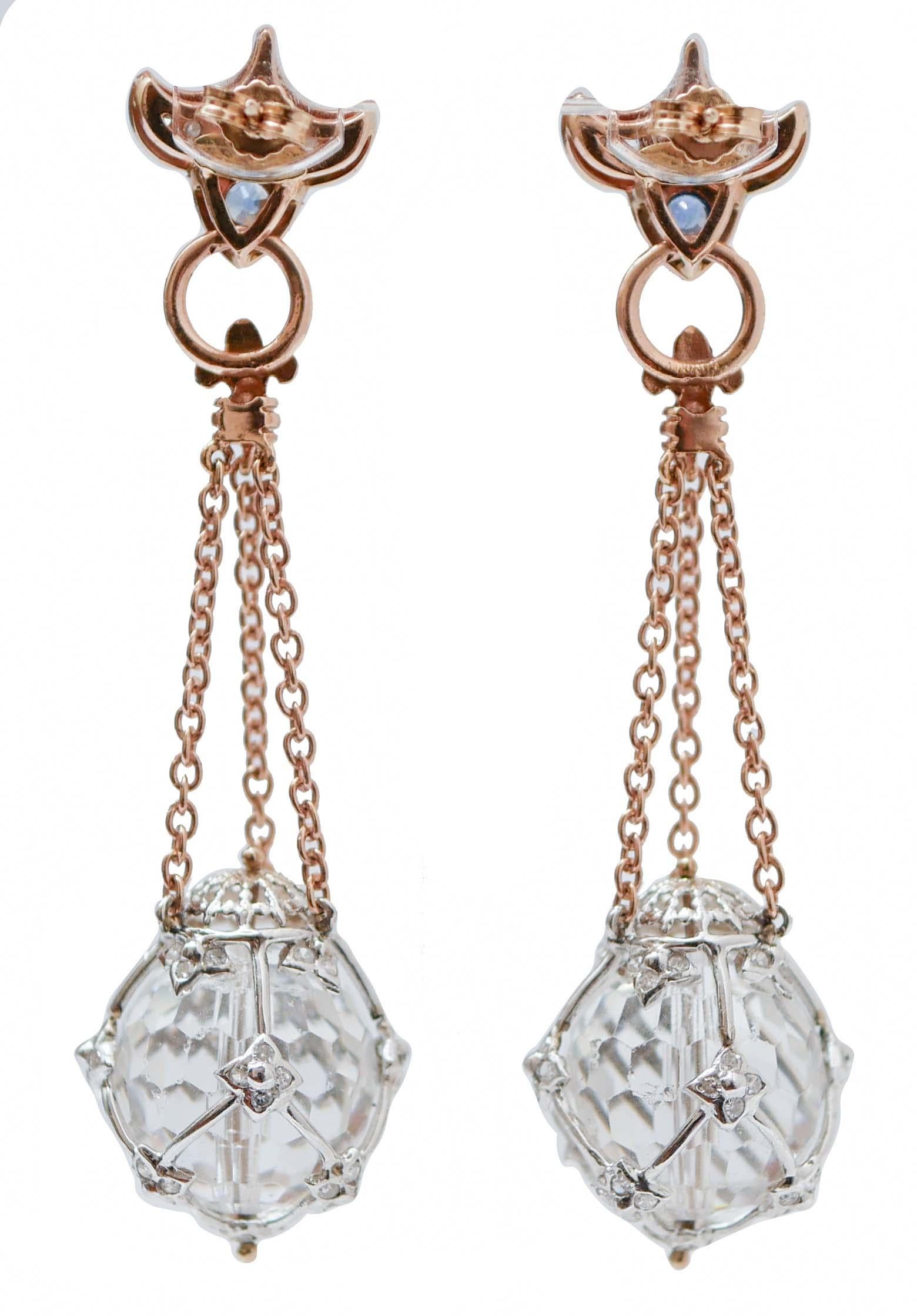 Retro Rock Crystal, Diamonds, Sapphires, 14 Karat Rose Gold and White Gold Earrings. For Sale