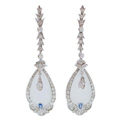 Rock Crystal, Diamonds, Sapphires, 14 Karat White Gold Earrings.
