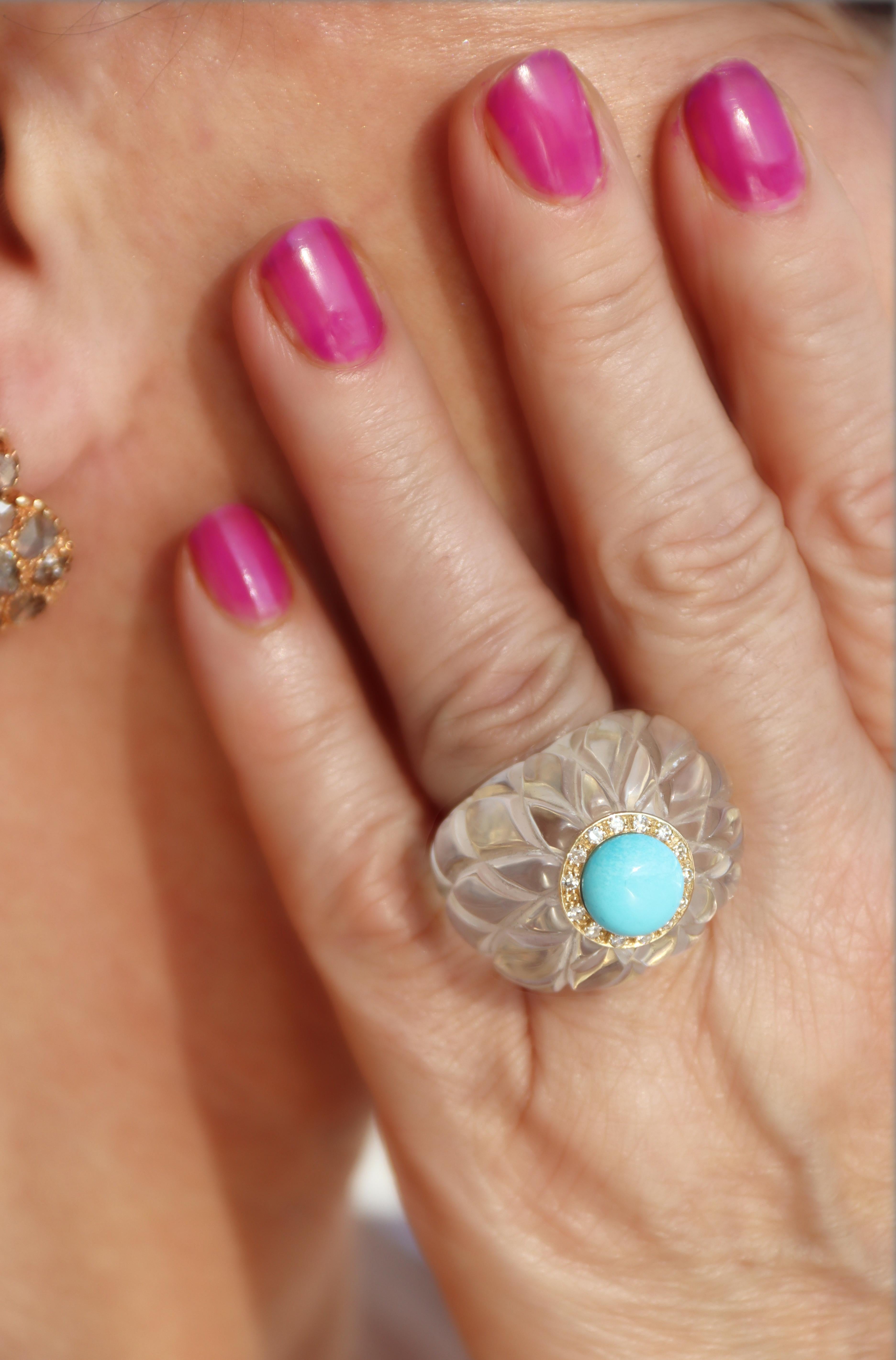 Bague de cocktail en or jaune 14 carats, cristal de roche, diamants et turquoise en vente 4