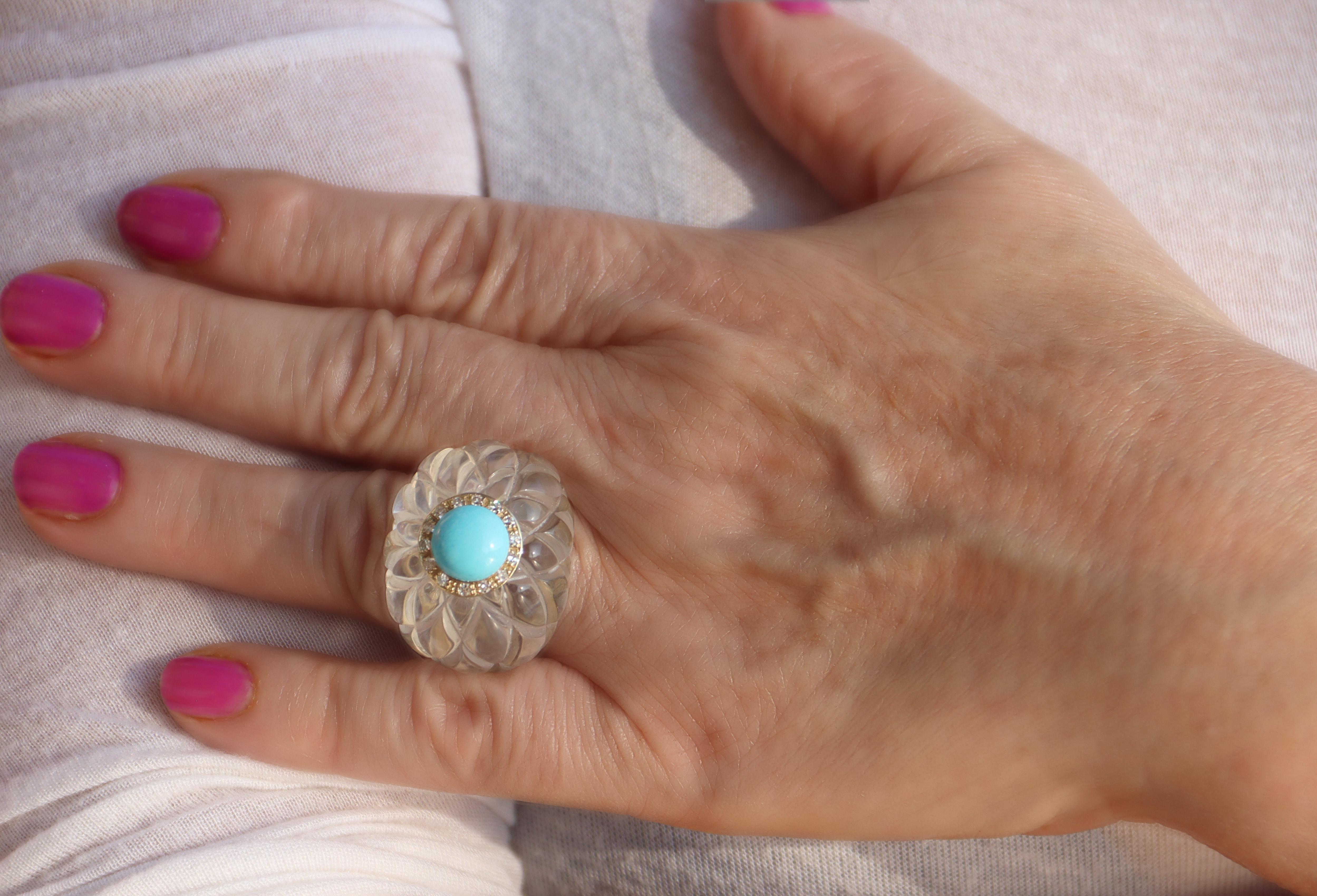 Bague de cocktail en or jaune 14 carats, cristal de roche, diamants et turquoise en vente 6