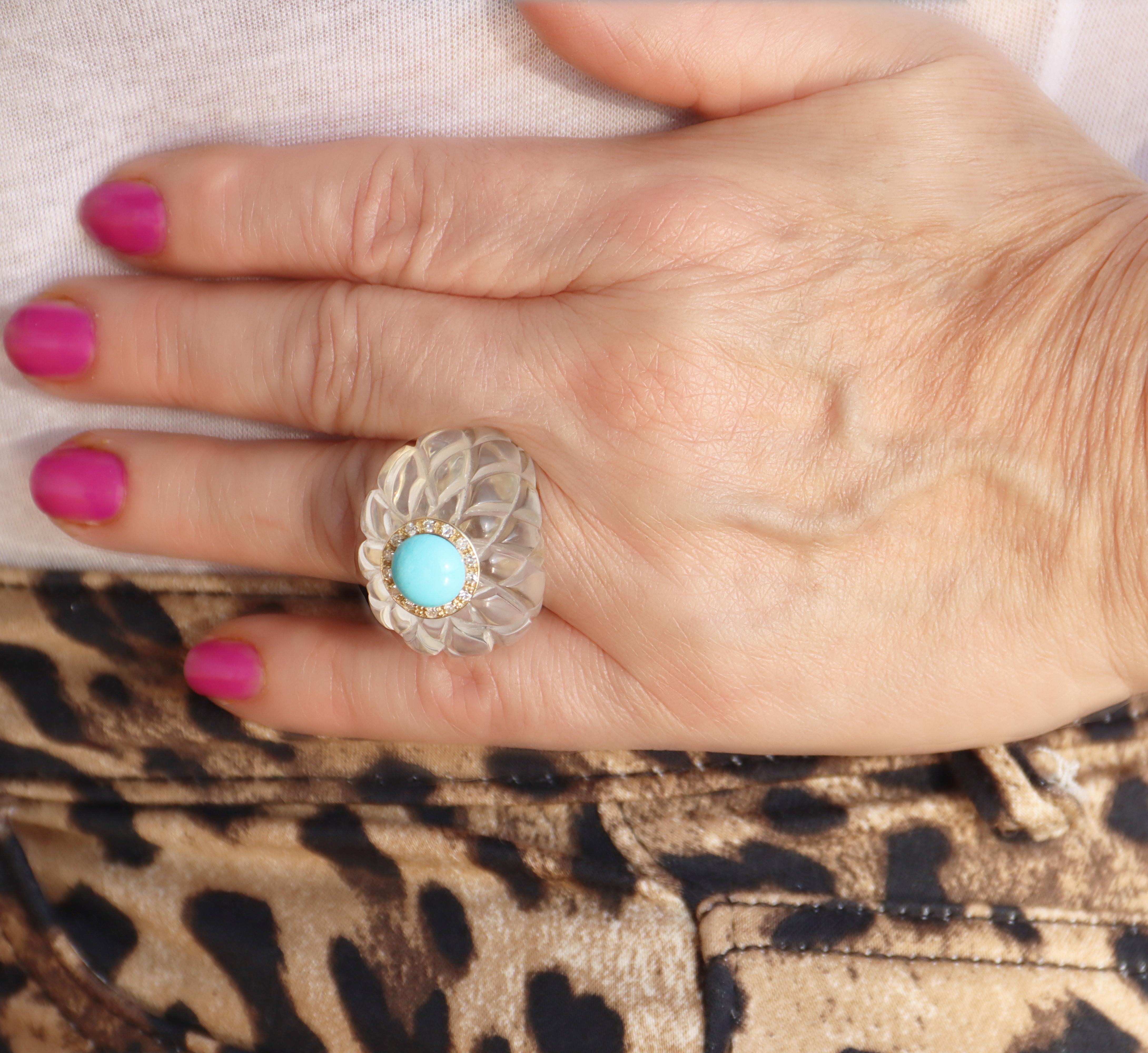 Bague de cocktail en or jaune 14 carats, cristal de roche, diamants et turquoise en vente 7