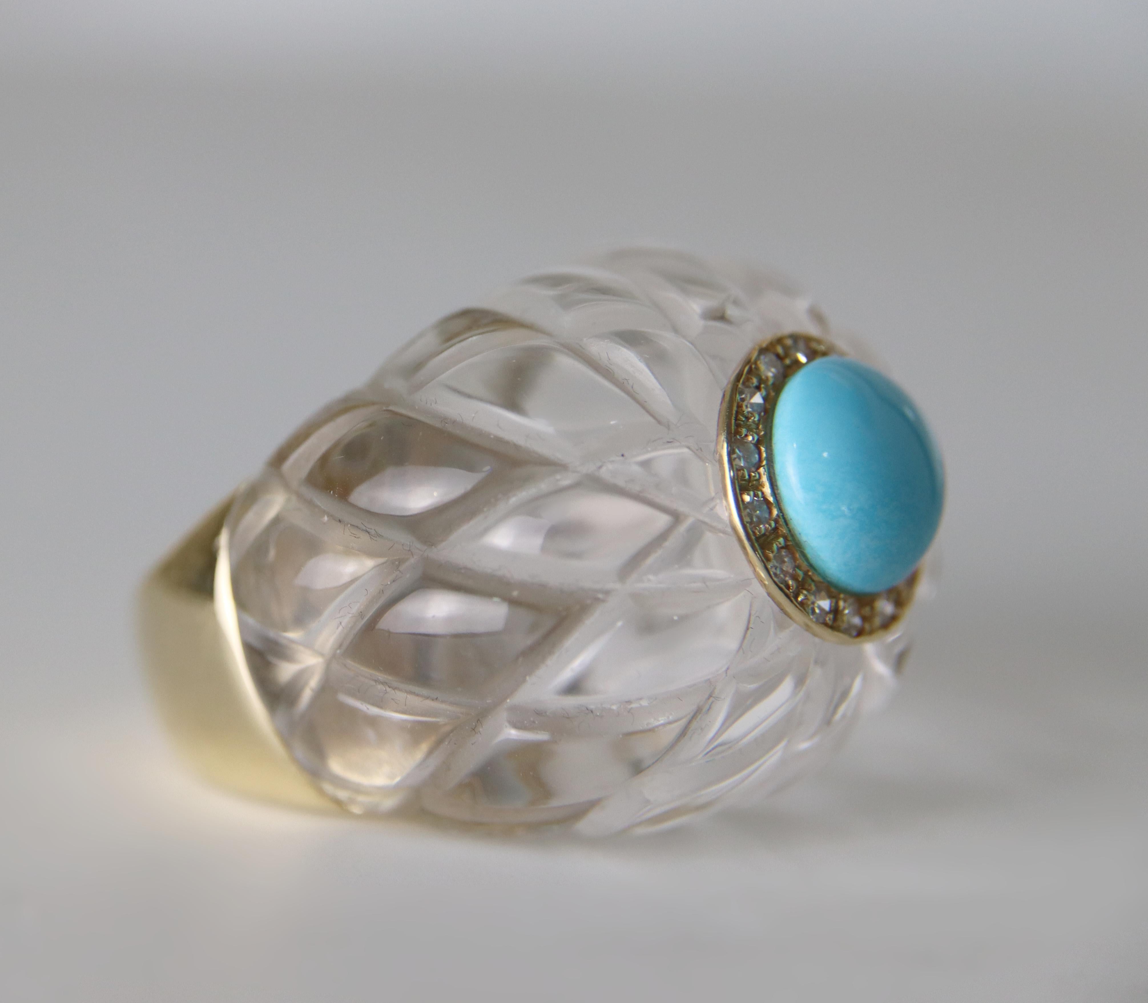 Bague de cocktail en or jaune 14 carats, cristal de roche, diamants et turquoise Neuf - En vente à Marcianise, IT