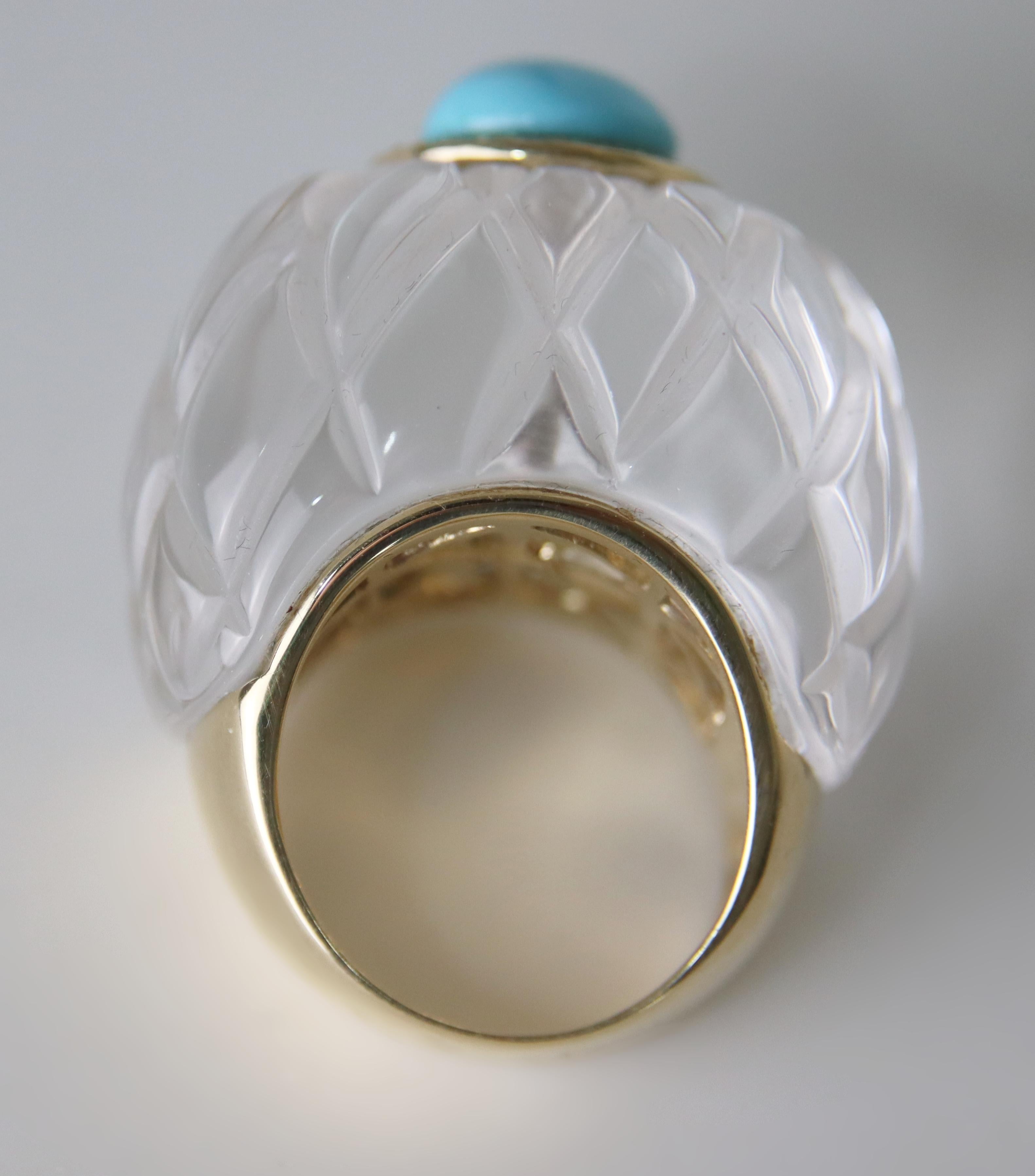Bague de cocktail en or jaune 14 carats, cristal de roche, diamants et turquoise en vente 1