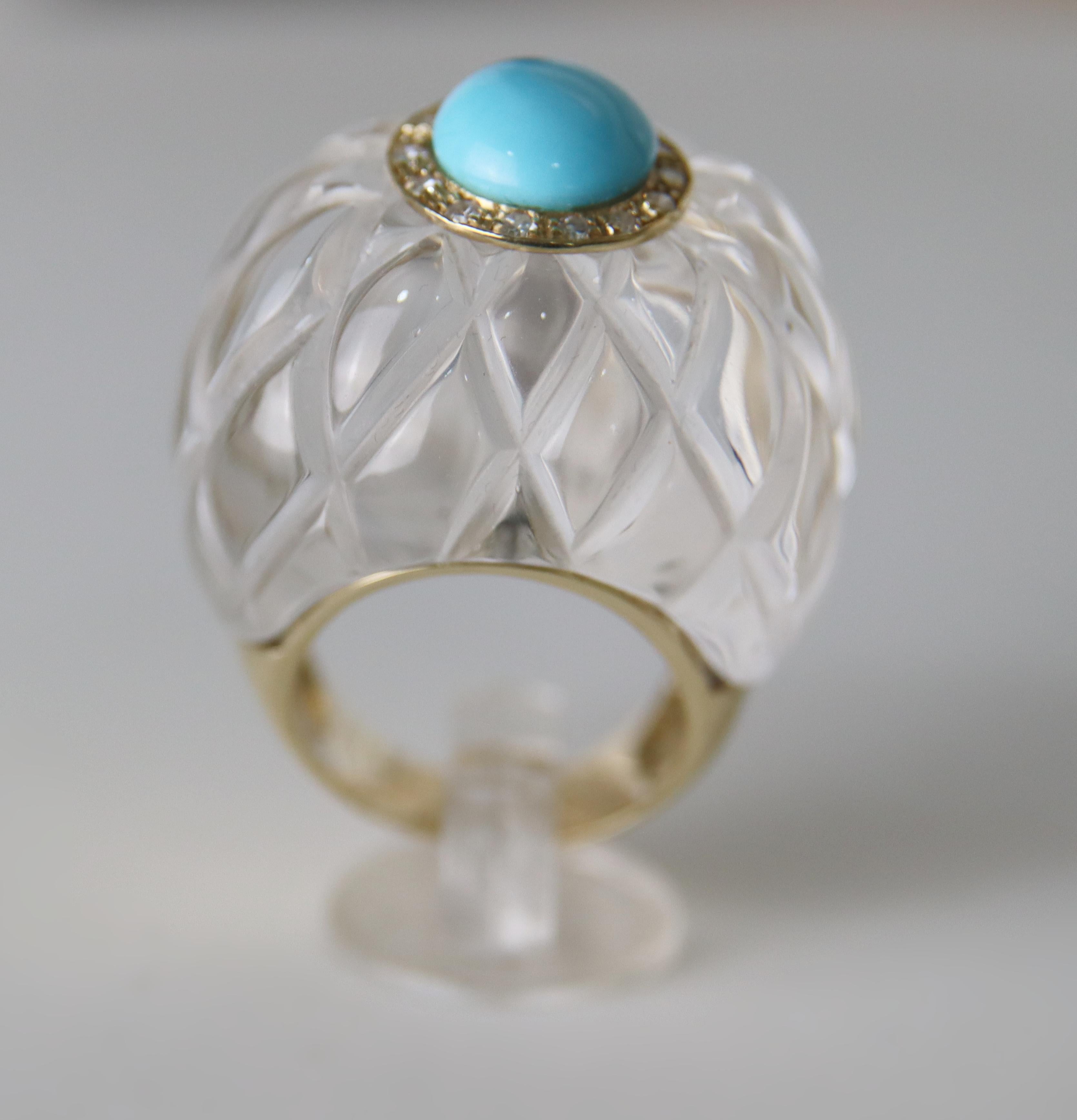 Bague de cocktail en or jaune 14 carats, cristal de roche, diamants et turquoise en vente 2