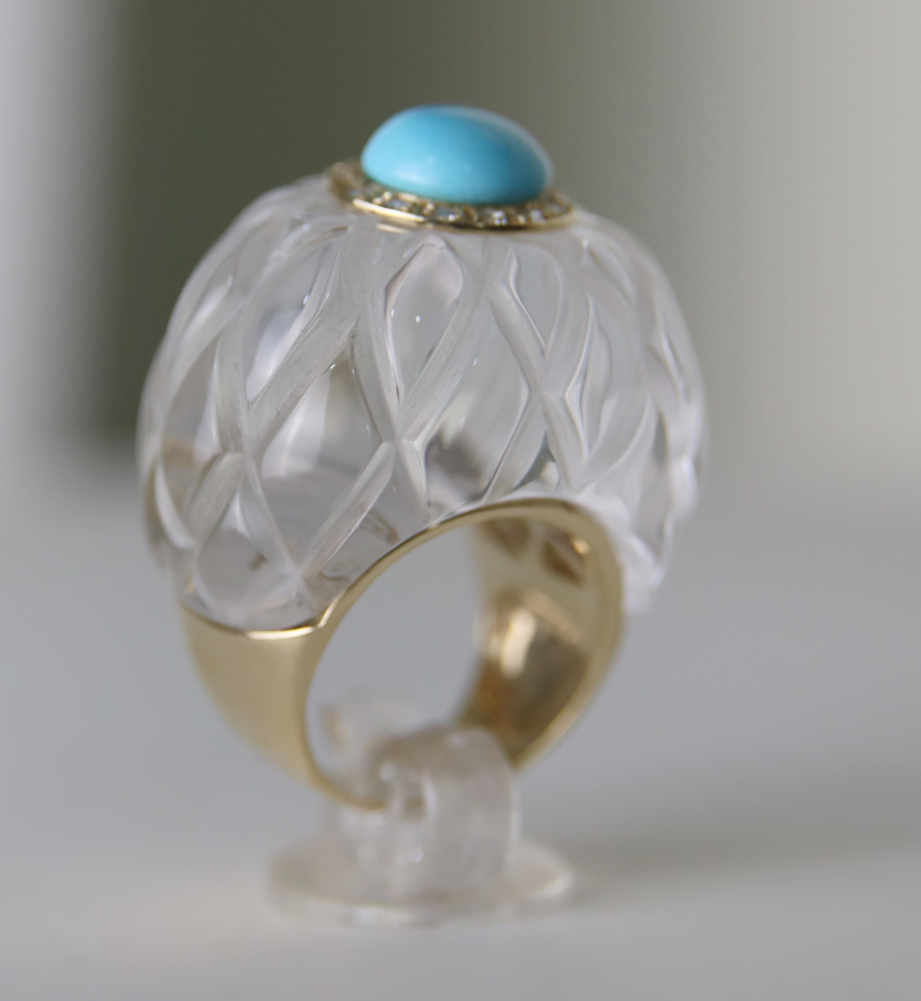 Bague de cocktail en or jaune 14 carats, cristal de roche, diamants et turquoise en vente 3