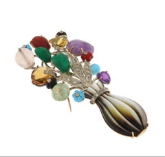 Rock Crystal Diamonds Turquoise Amethyst Agate 14 Karat Yellow Gold Vase Brooch