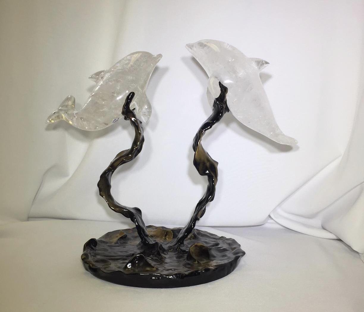 Hand-Carved Rock Crystal Dolphins On A Modern Metal Base   For Sale