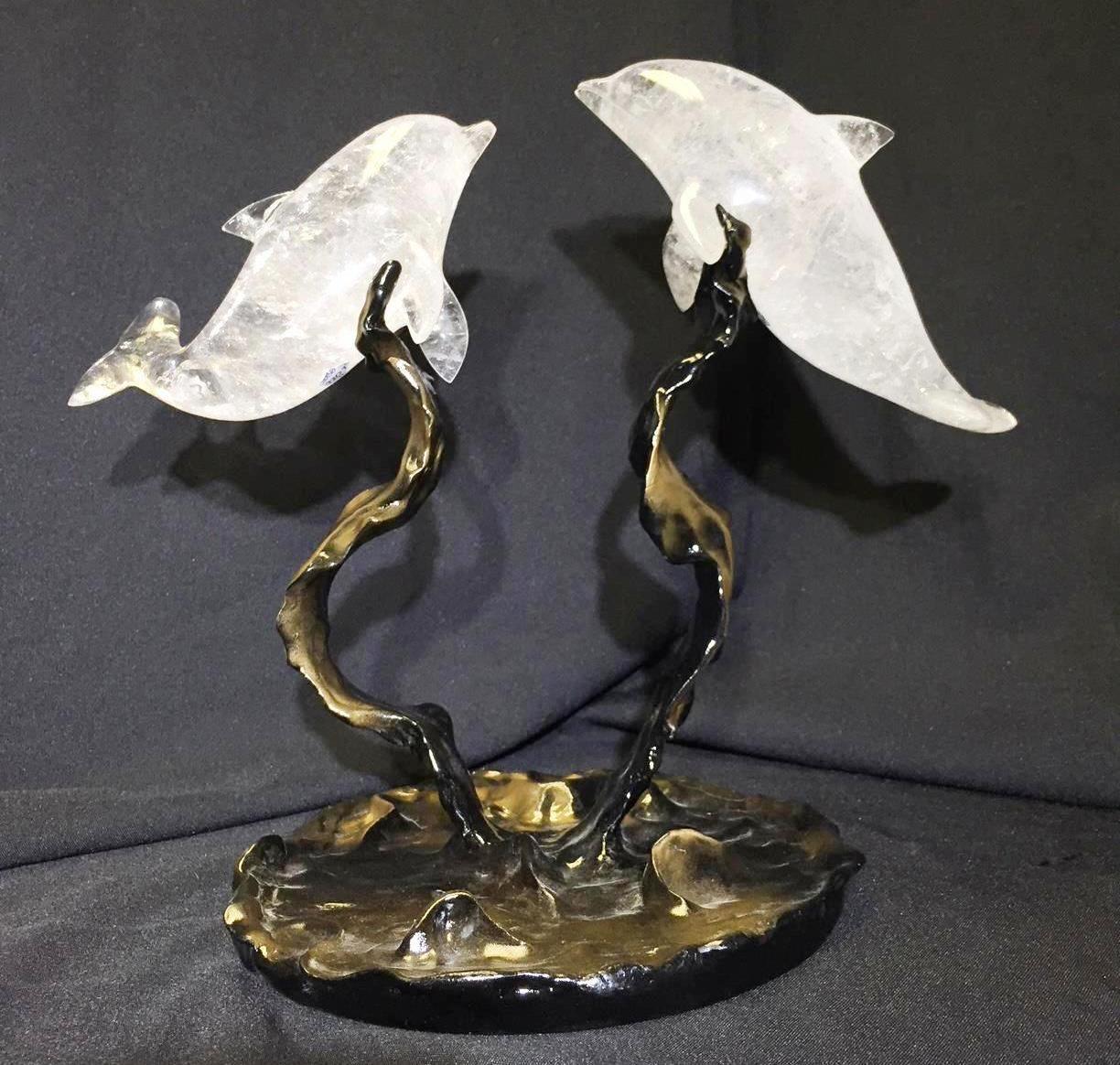 Rock Crystal Dolphins On A Modern Metal Base   In Good Condition For Sale In Cypress, CA