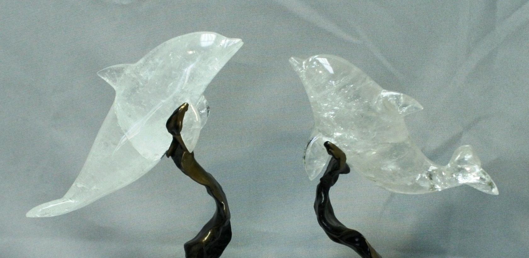 20th Century Rock Crystal Dolphins On A Modern Metal Base   For Sale