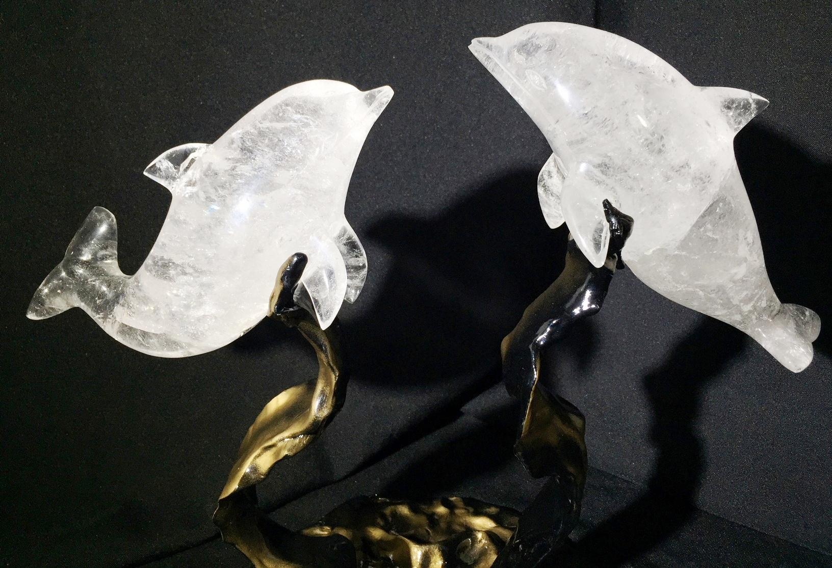 Rock Crystal Dolphins On A Modern Metal Base   For Sale 1
