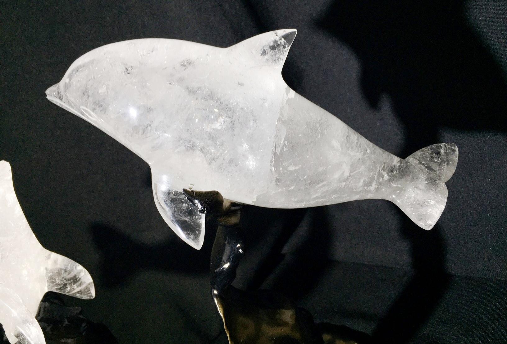 Rock Crystal Dolphins On A Modern Metal Base   For Sale 2