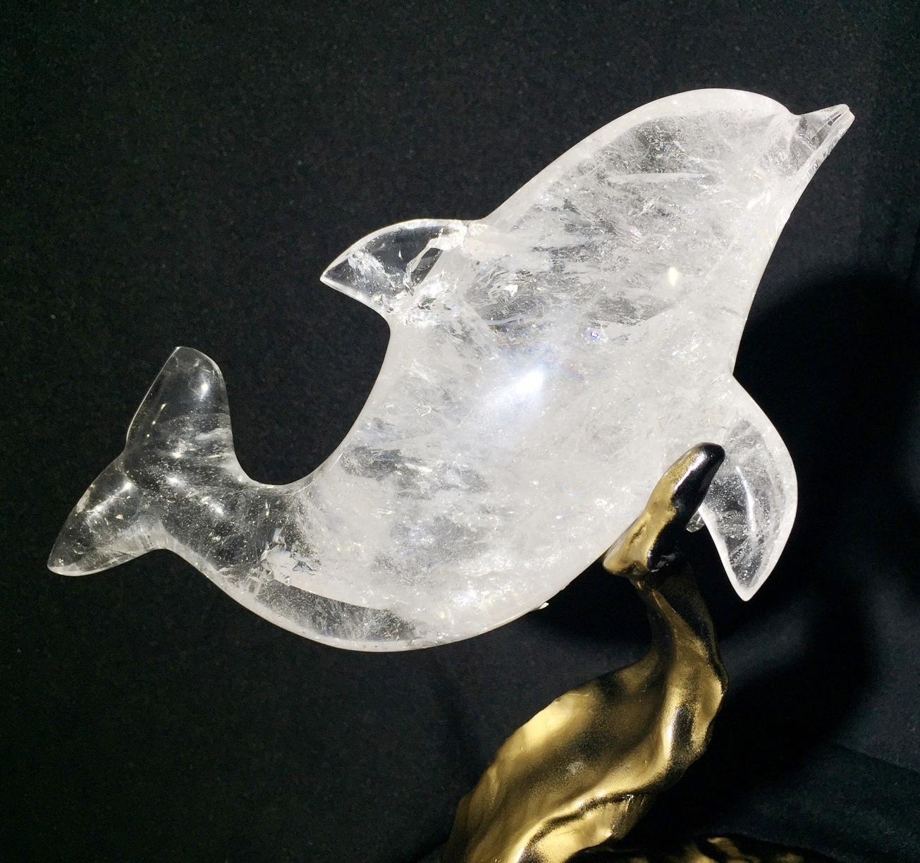 Rock Crystal Dolphins On A Modern Metal Base   For Sale 3