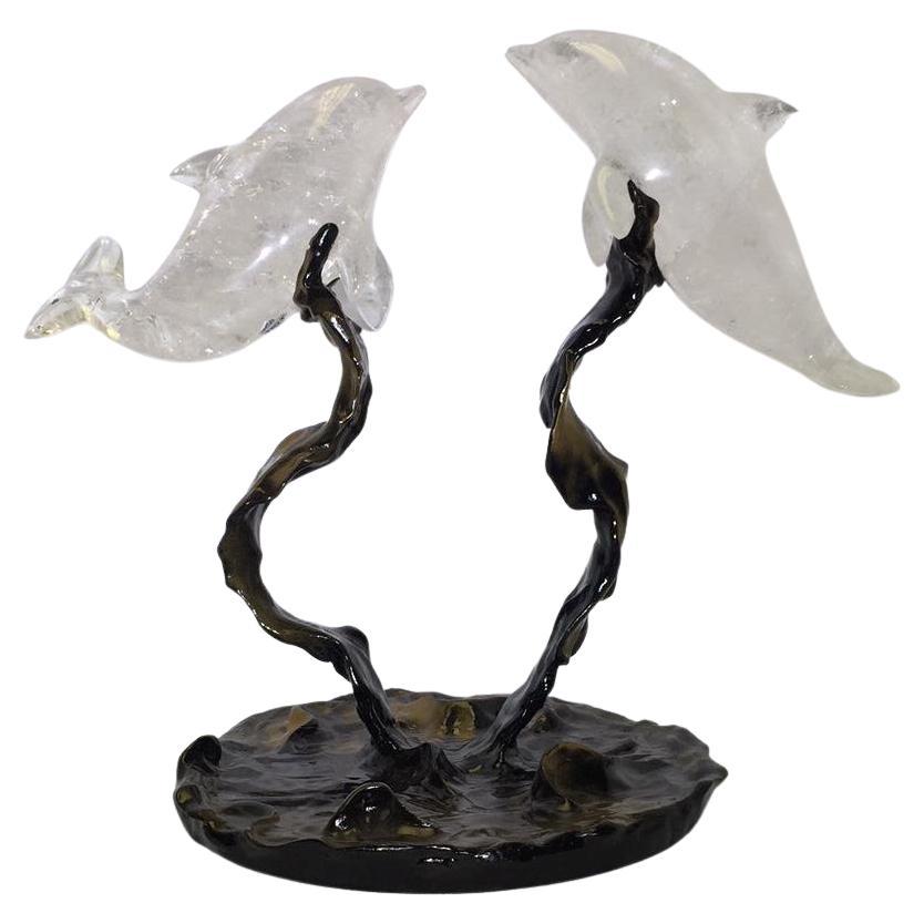 Rock Crystal Dolphins On A Modern Metal Base   For Sale