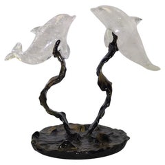Rock Crystal Dolphins On A Modern Metal Base  