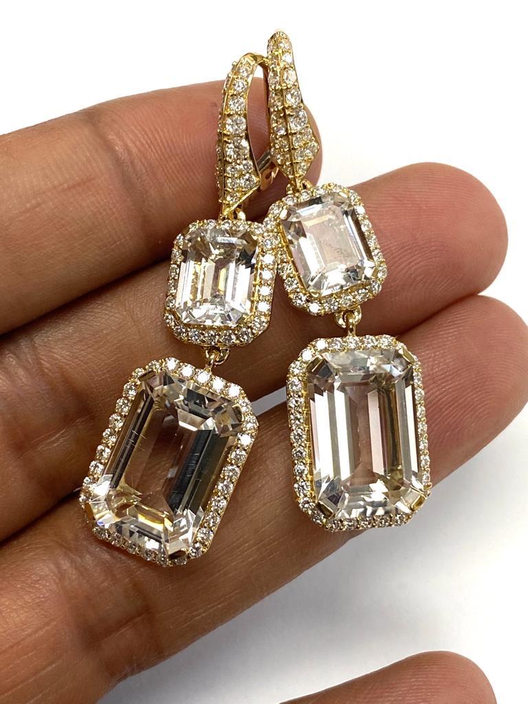 Rock Crystal Earring with Diamonds  in 18K Yellow Gold, from 'Rain Forest' Collection

Stone size: 9 x 7 mm & 10 x 15 mm 

Gemstone Weight: 17.87 Carats. 

Diamond: G-H / VS, Approx Wt: 1.84 Carats