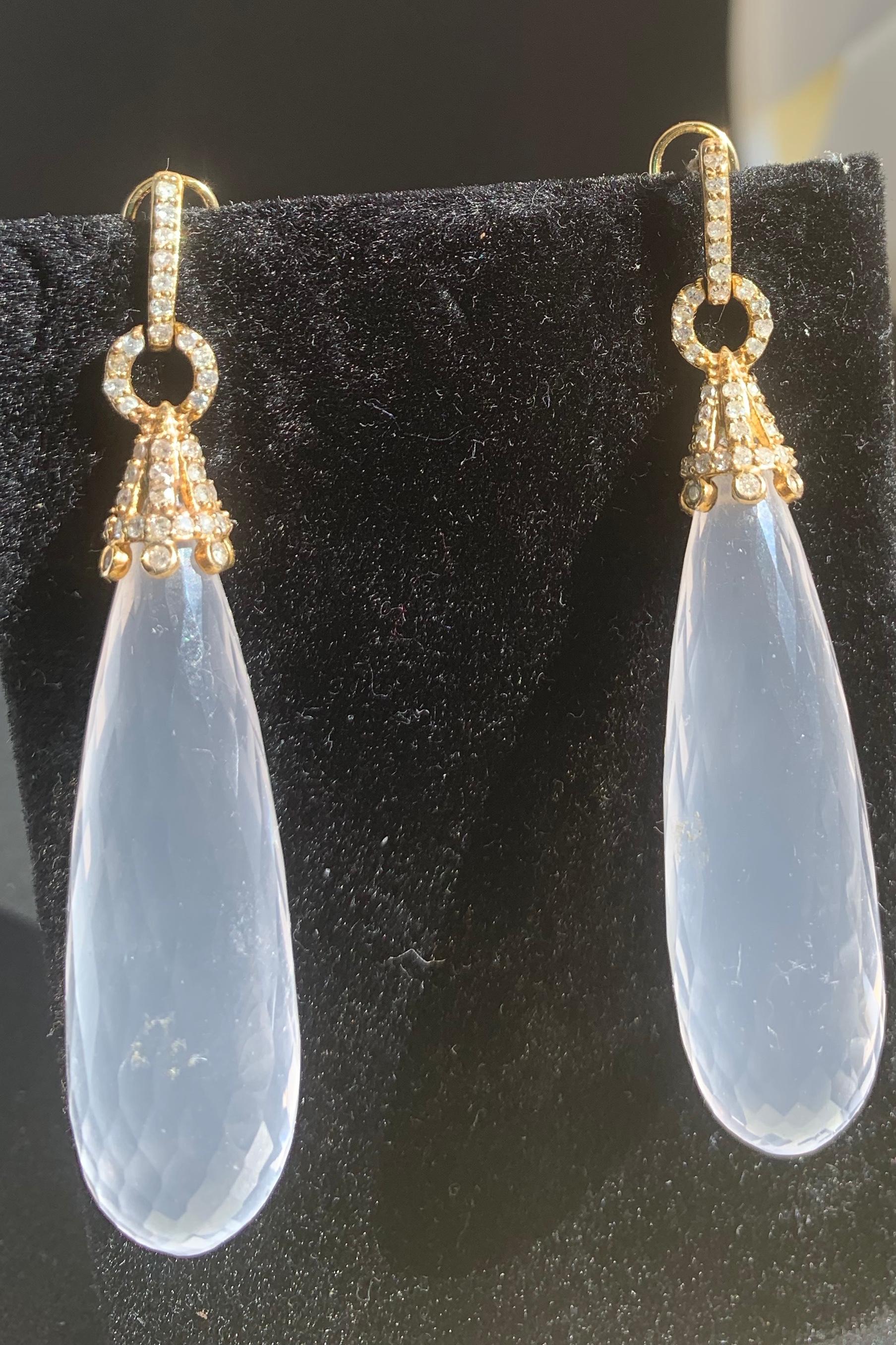 Art Deco Gold Diamond Rock Crystal Drop Earrings For Sale