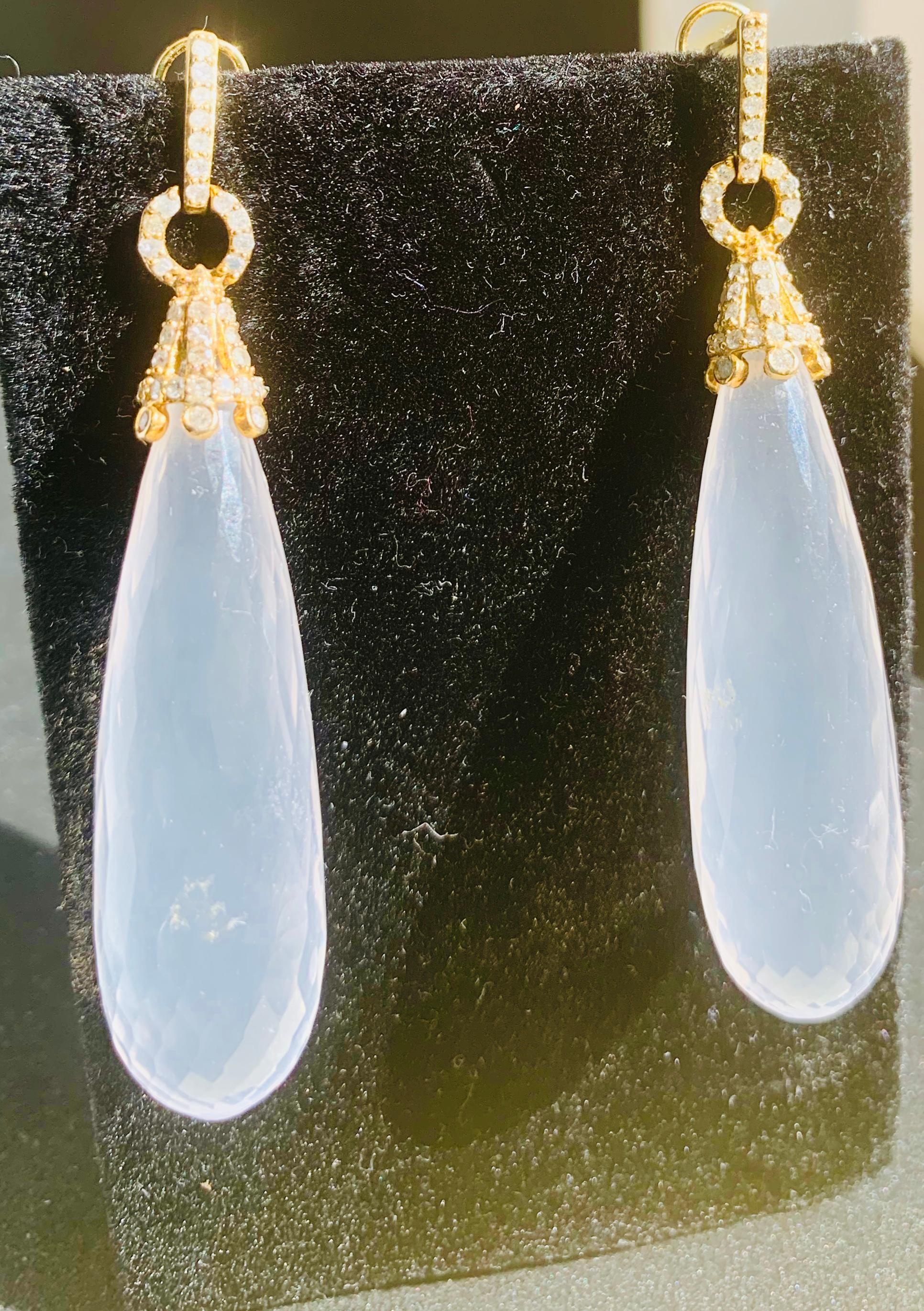 Round Cut Gold Diamond Rock Crystal Drop Earrings For Sale