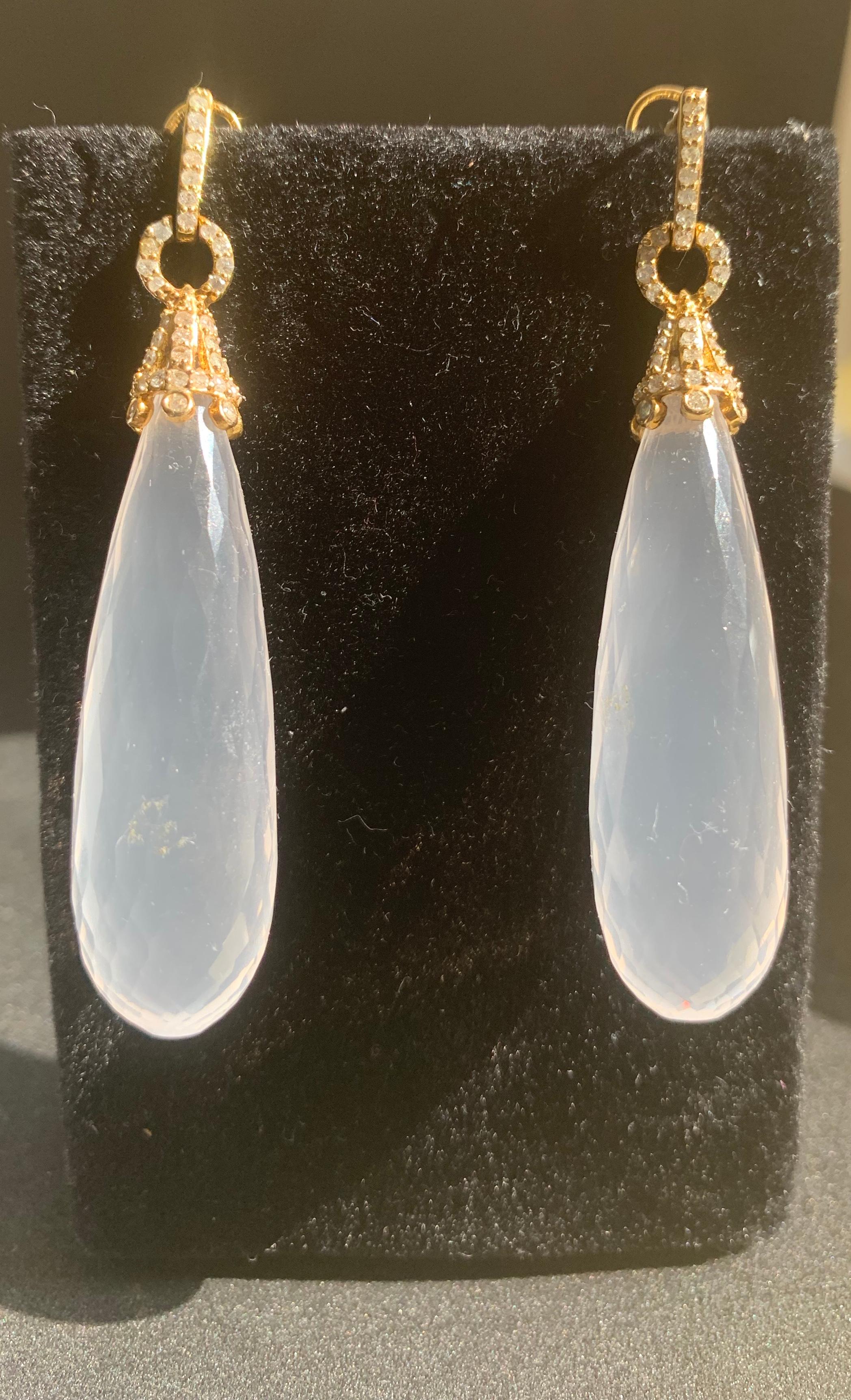 Gold Diamond Rock Crystal Drop Earrings For Sale 1