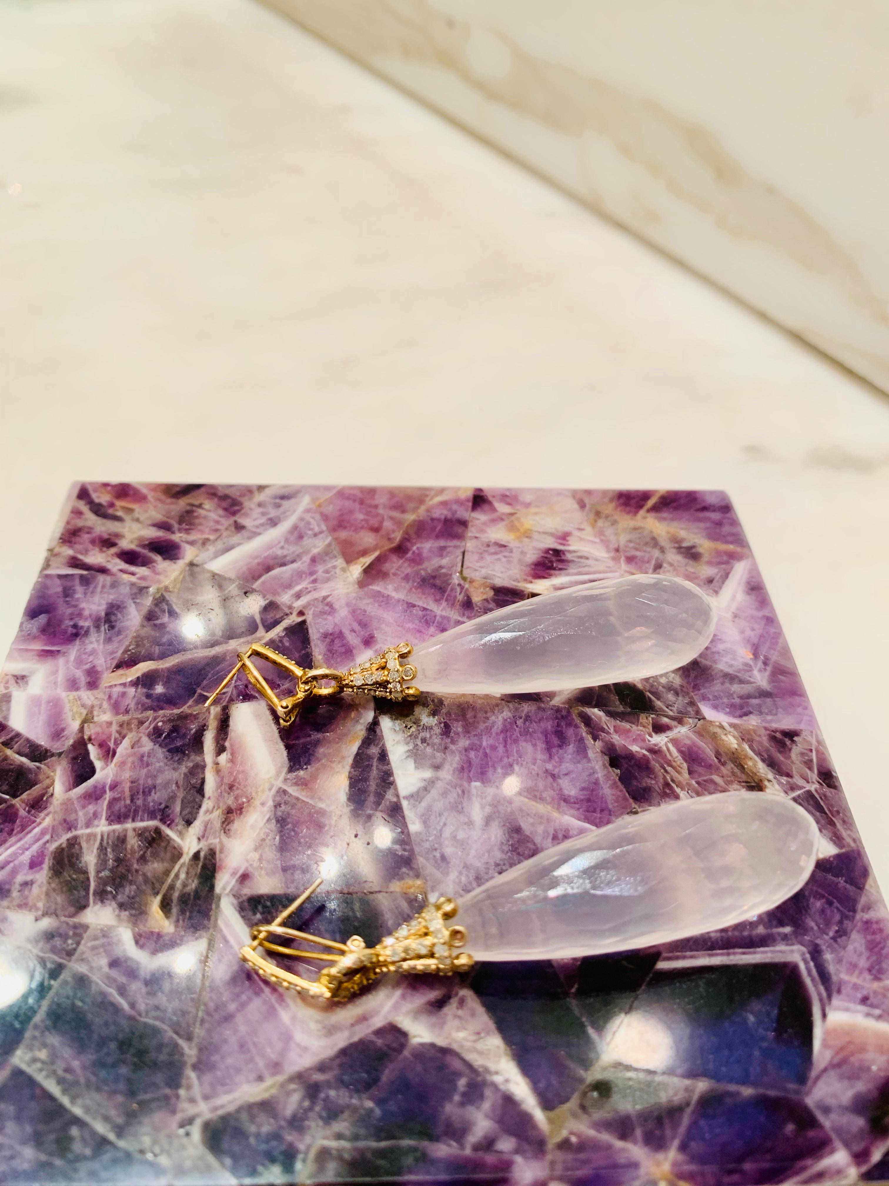 Gold Diamond Rock Crystal Drop Earrings For Sale 2