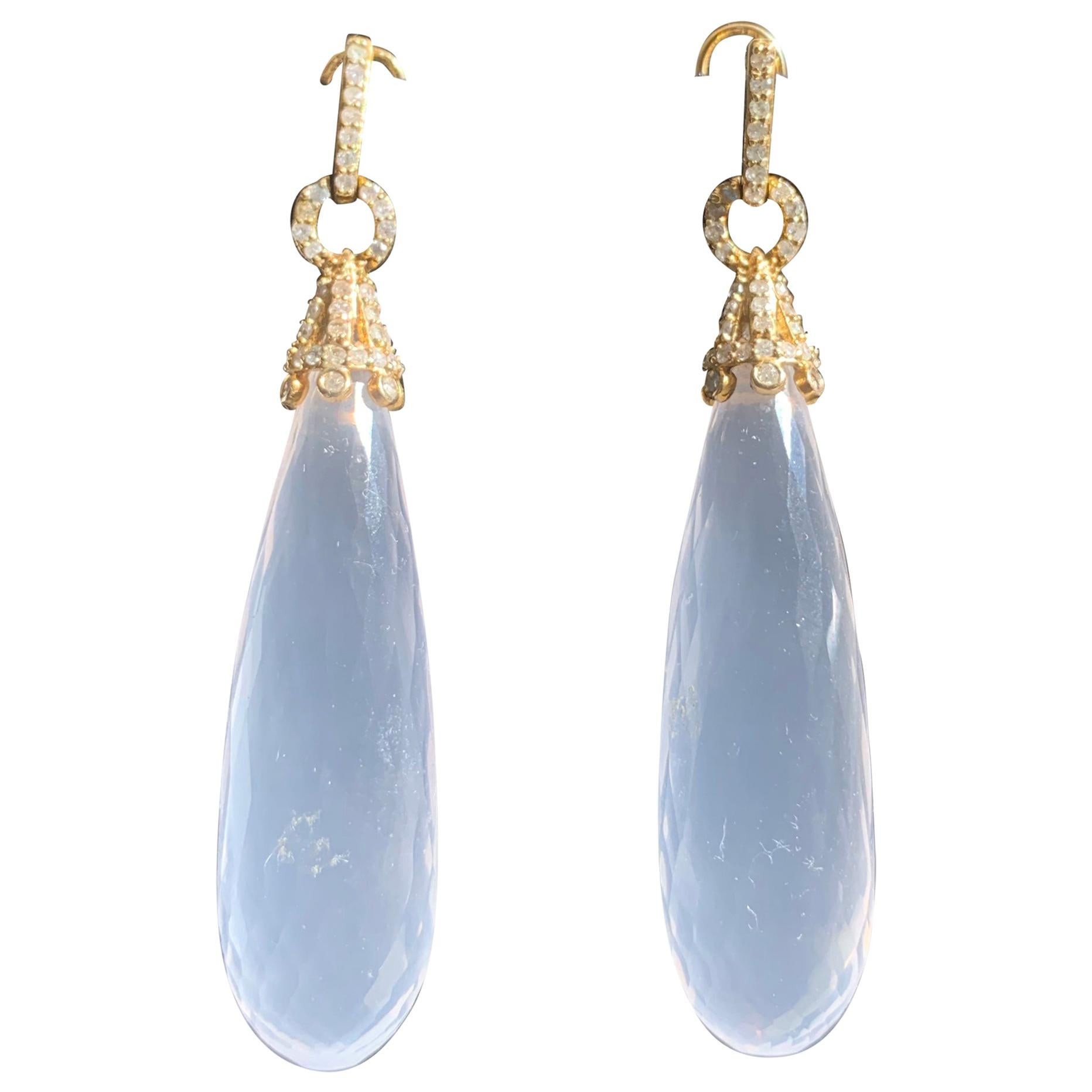 Gold Diamond Rock Crystal Drop Earrings For Sale