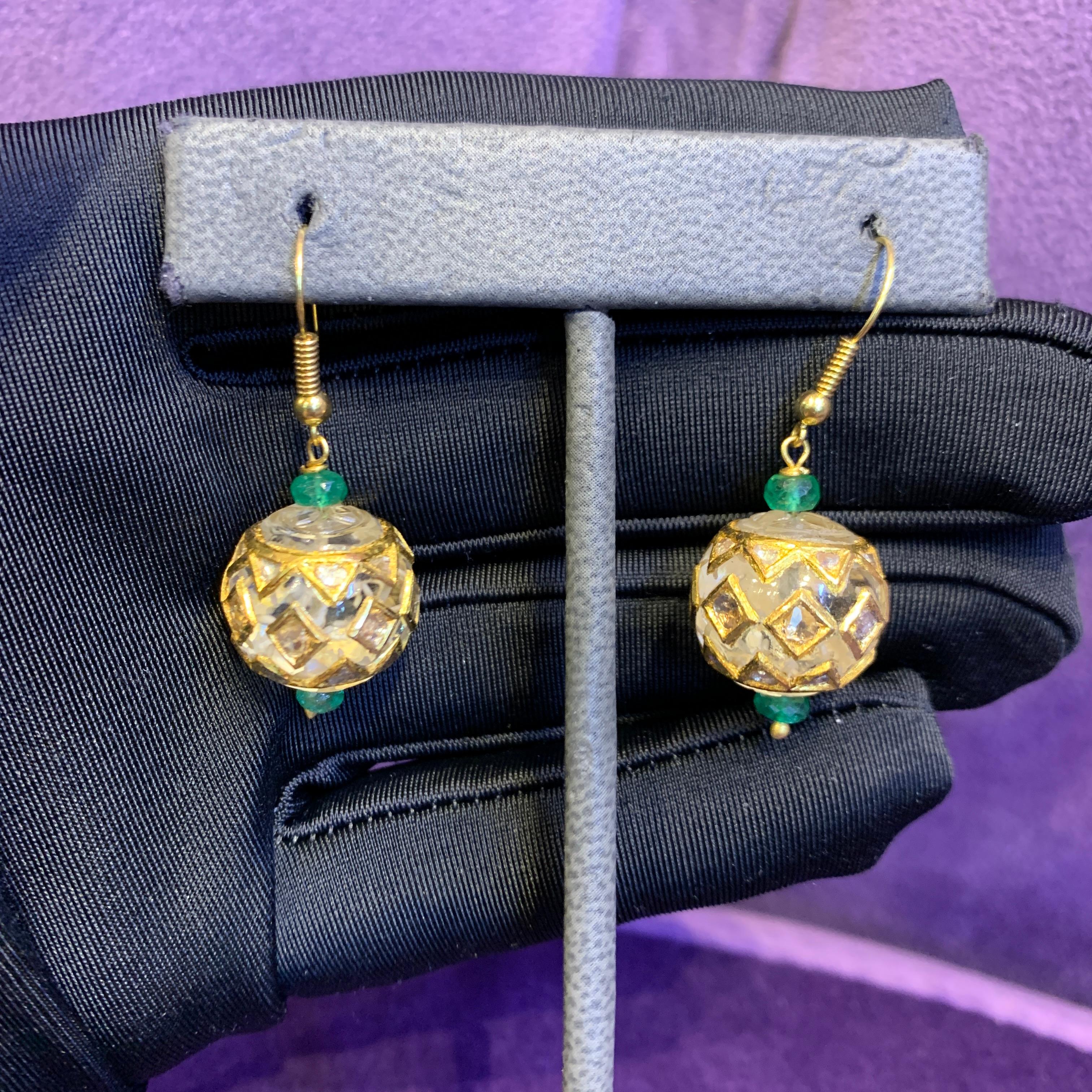 Women's Rock Crystal & Emerald Bead Earrings For Sale
