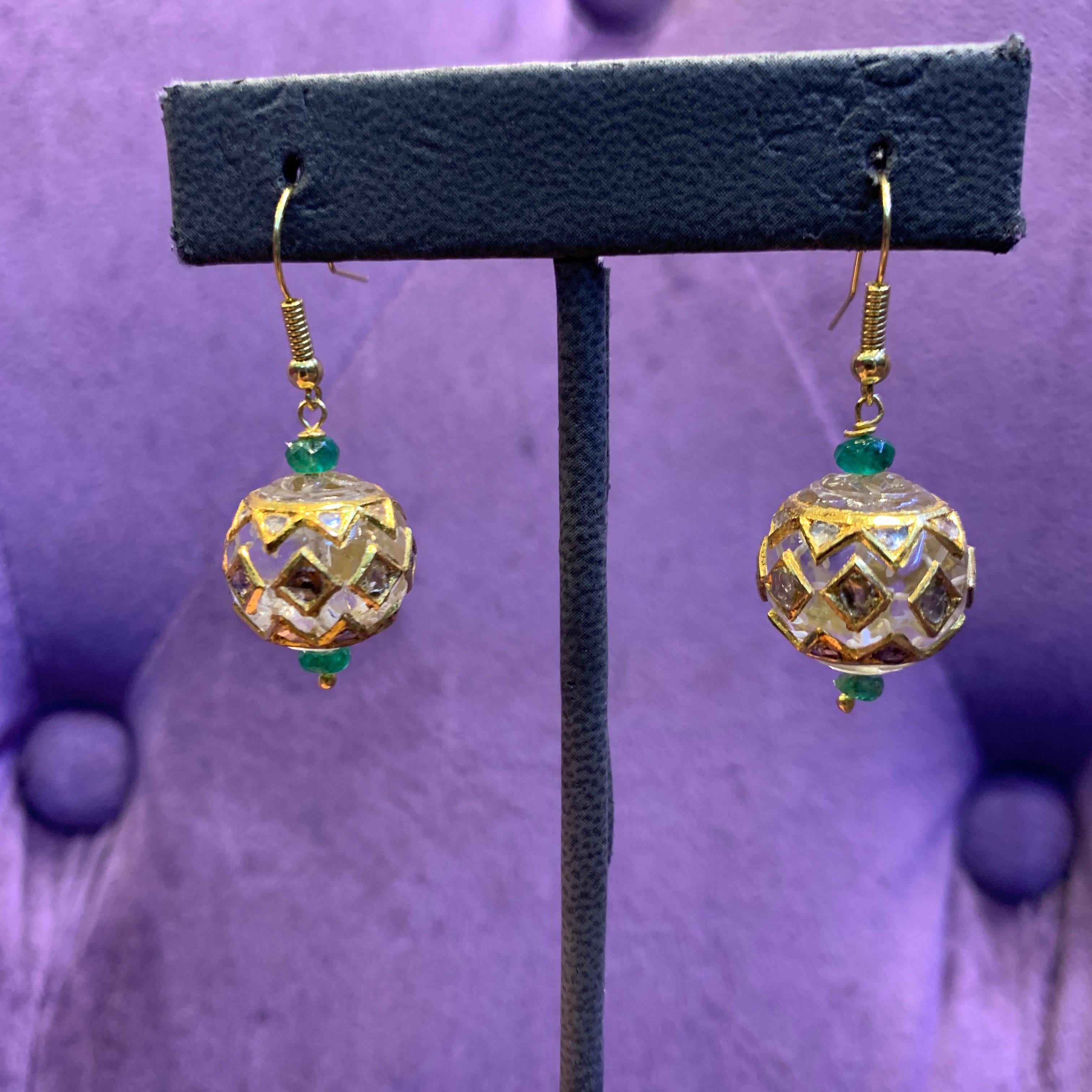 Rock Crystal & Emerald Bead Earrings For Sale 1