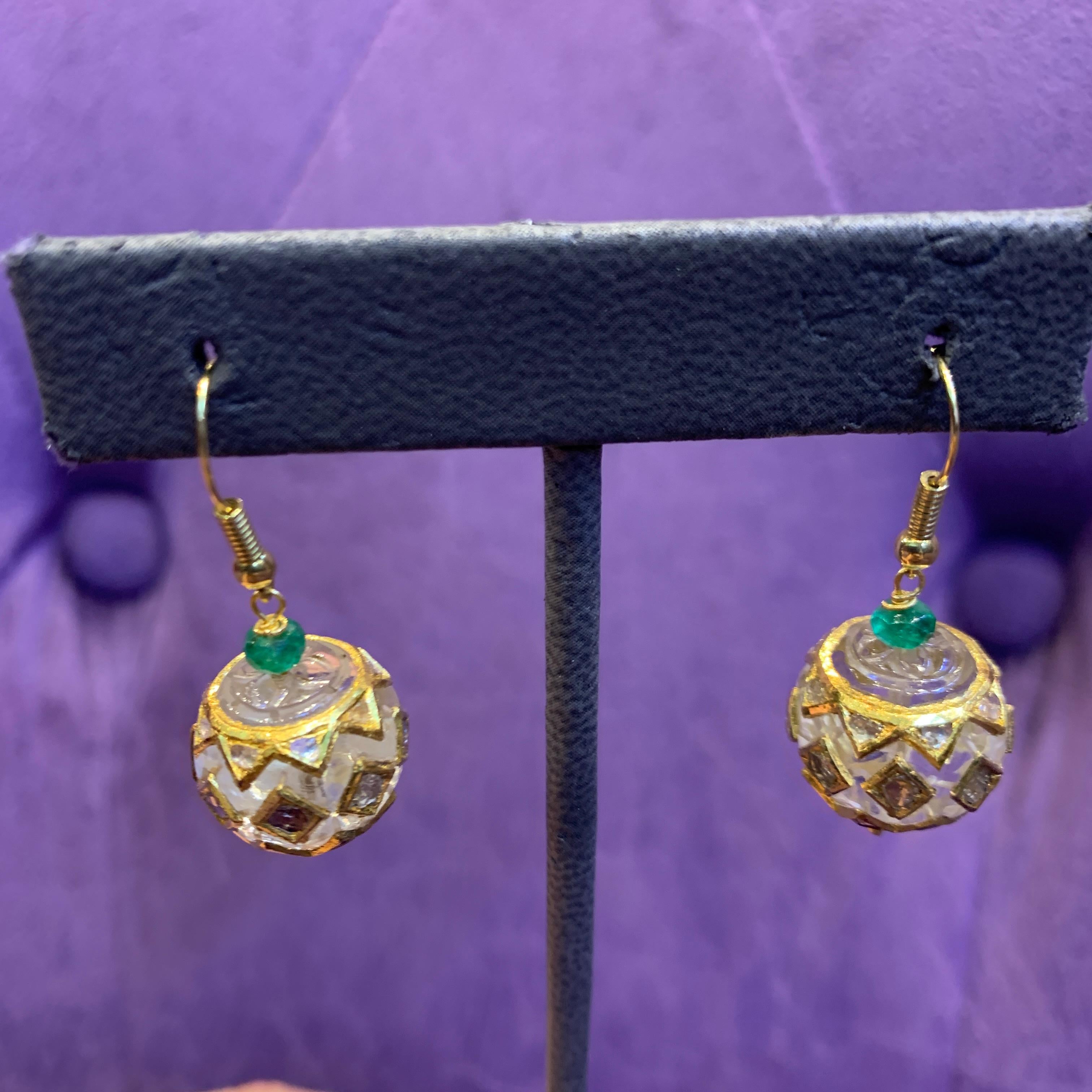 Rock Crystal & Emerald Bead Earrings For Sale 2