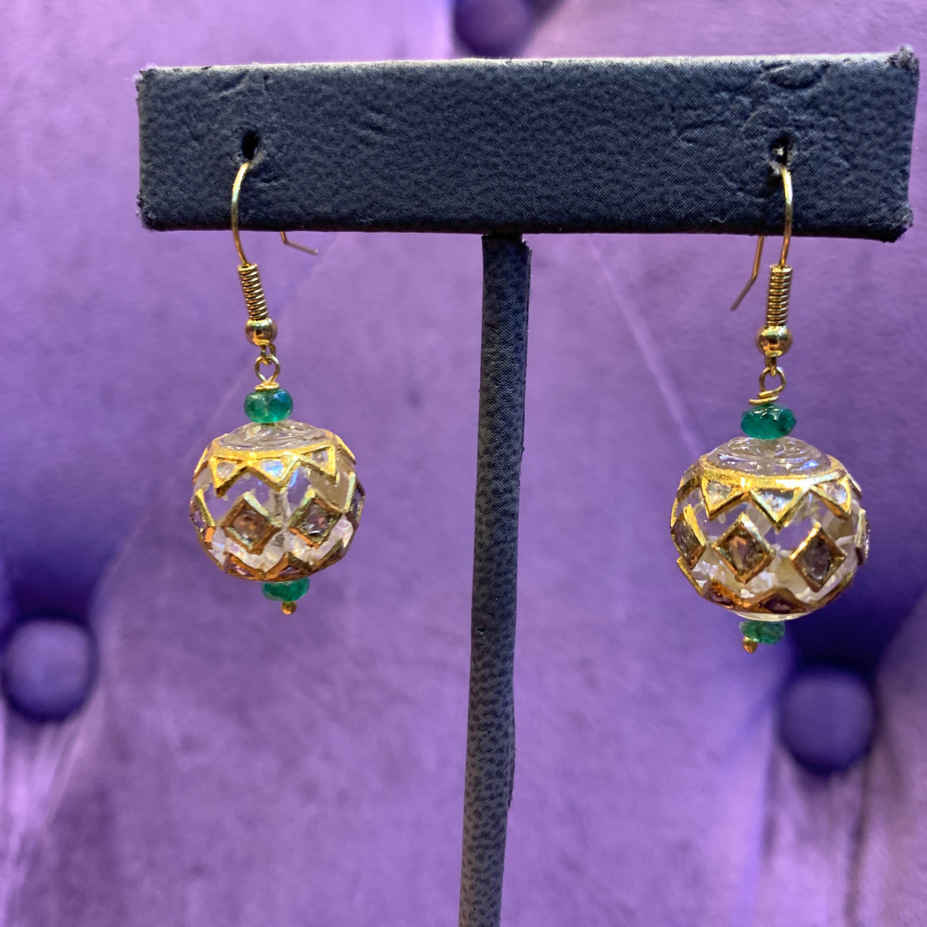 Rock Crystal & Emerald Bead Earrings For Sale 3
