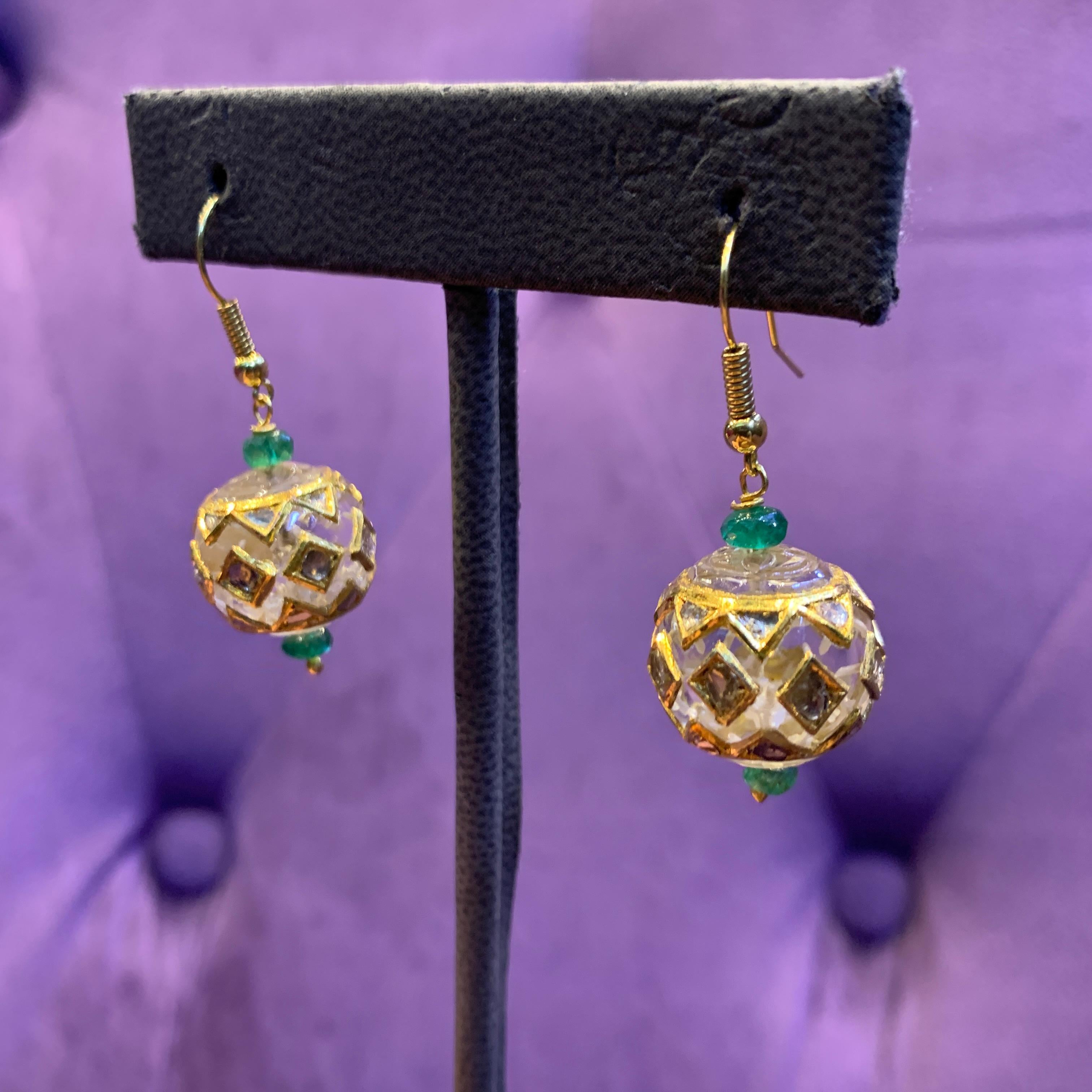 Rock Crystal & Emerald Bead Earrings For Sale 4