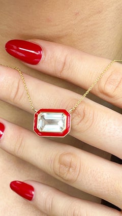 Rock Crystal Emerald-Cut East-West Pendant in 18K Gold with Red Enamel