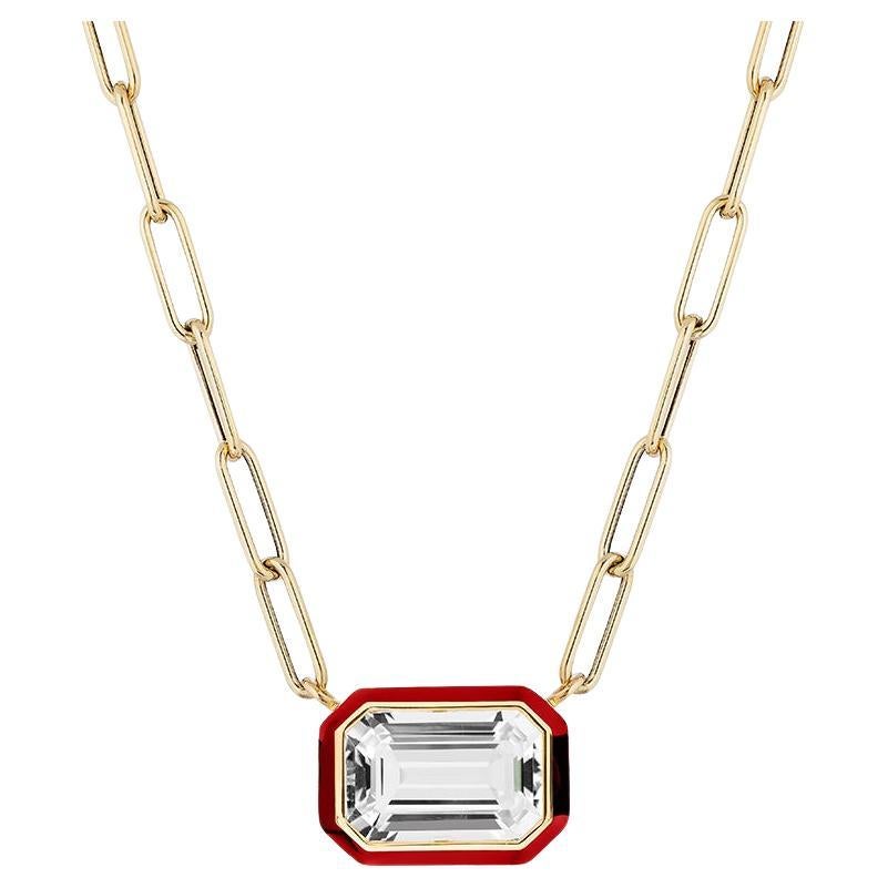 Rock Crystal Emerald-Cut East-West Pendant in 18K Gold with Red Enamel
