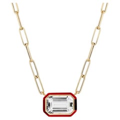 Rock Crystal Emerald-Cut East-West Pendant in 18K Gold with Red Enamel