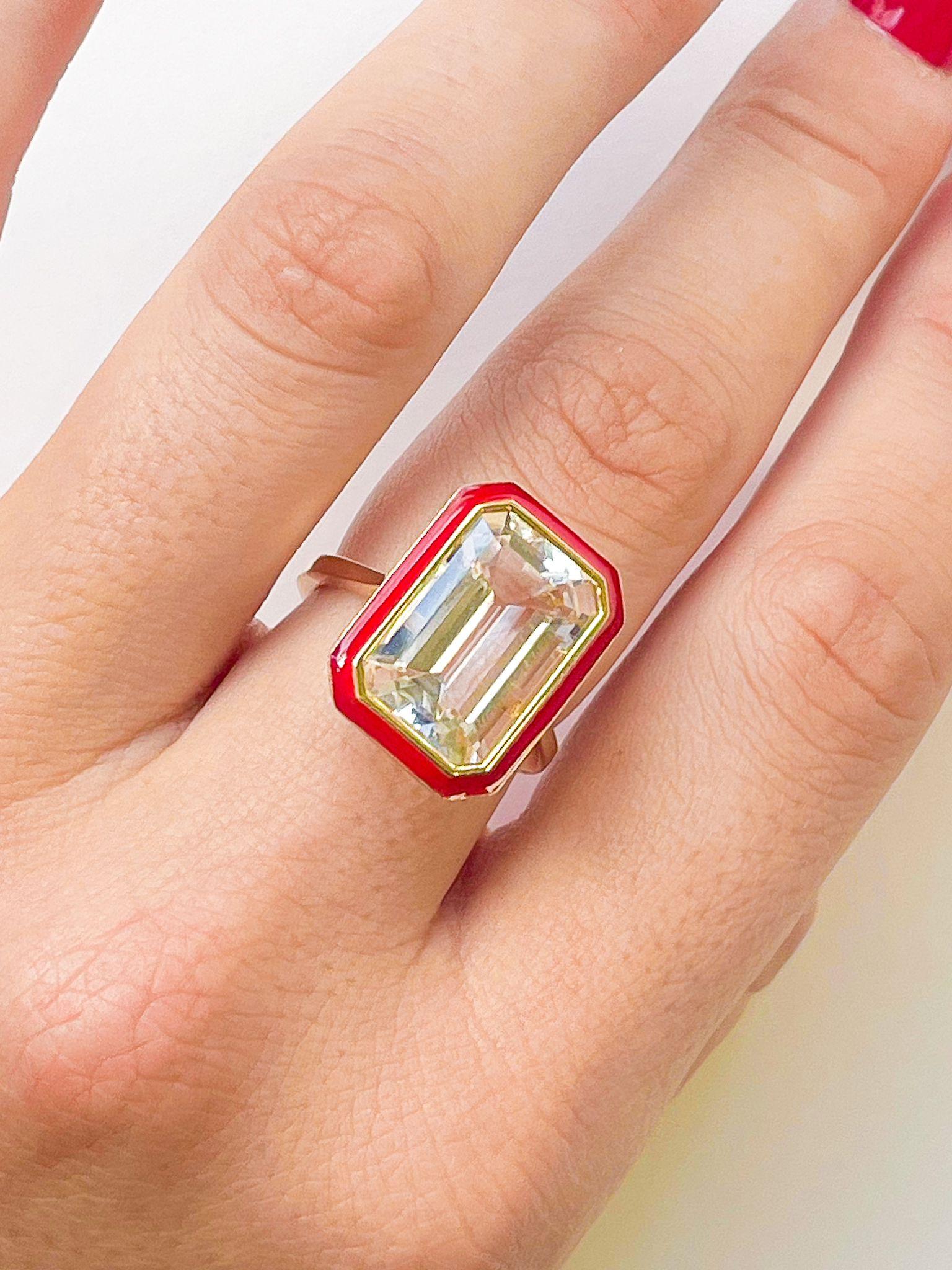 For Sale:  Rock Crystal Emerald Cut Ring in 18K Gold with Red Enamel 2